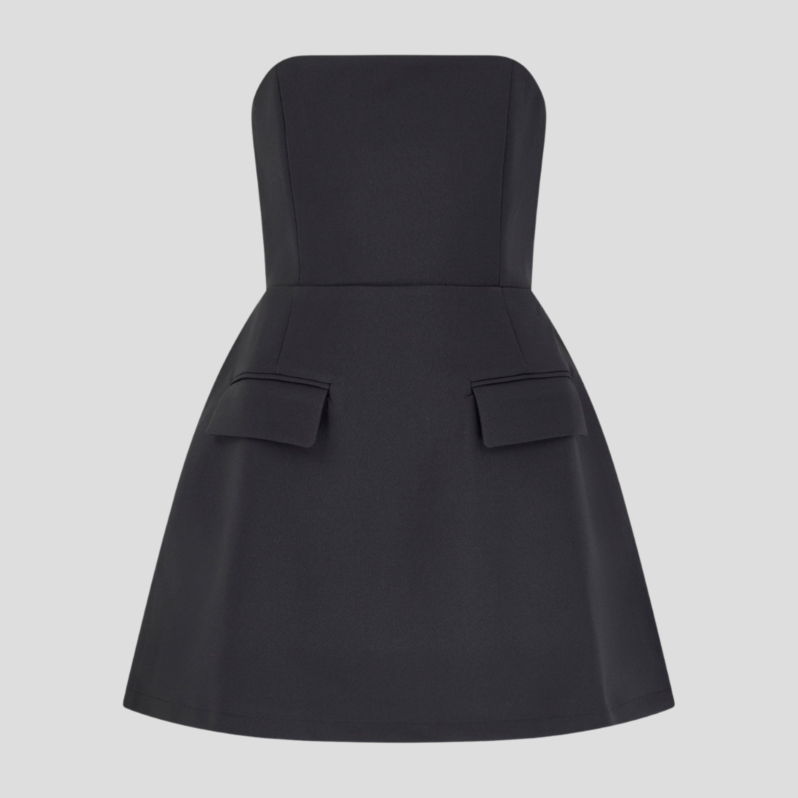 Strapless mini dress with structured bodice and flared skirt in black and white