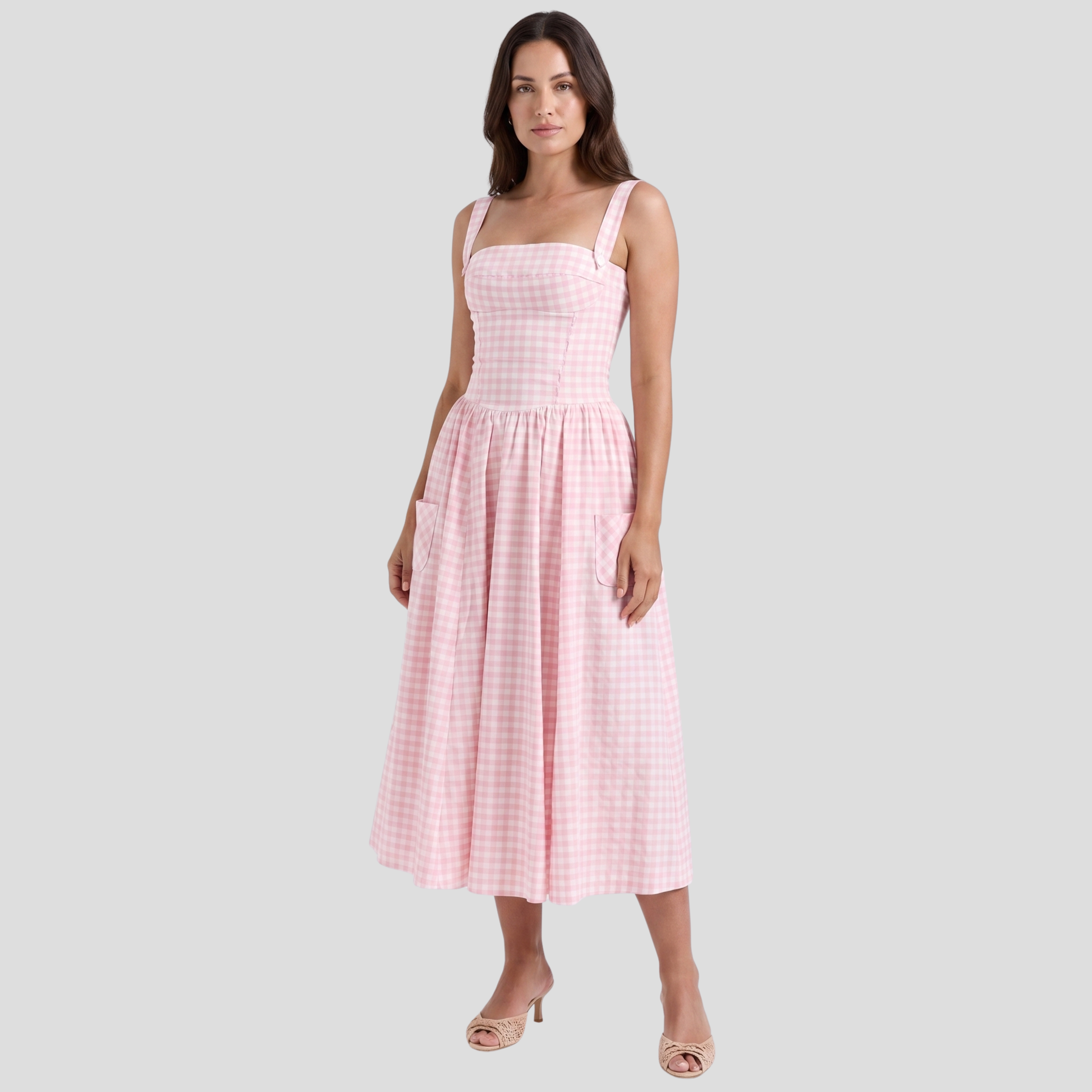 Women's midi dress with square neckline, corset-style bodice and flowing full skirt