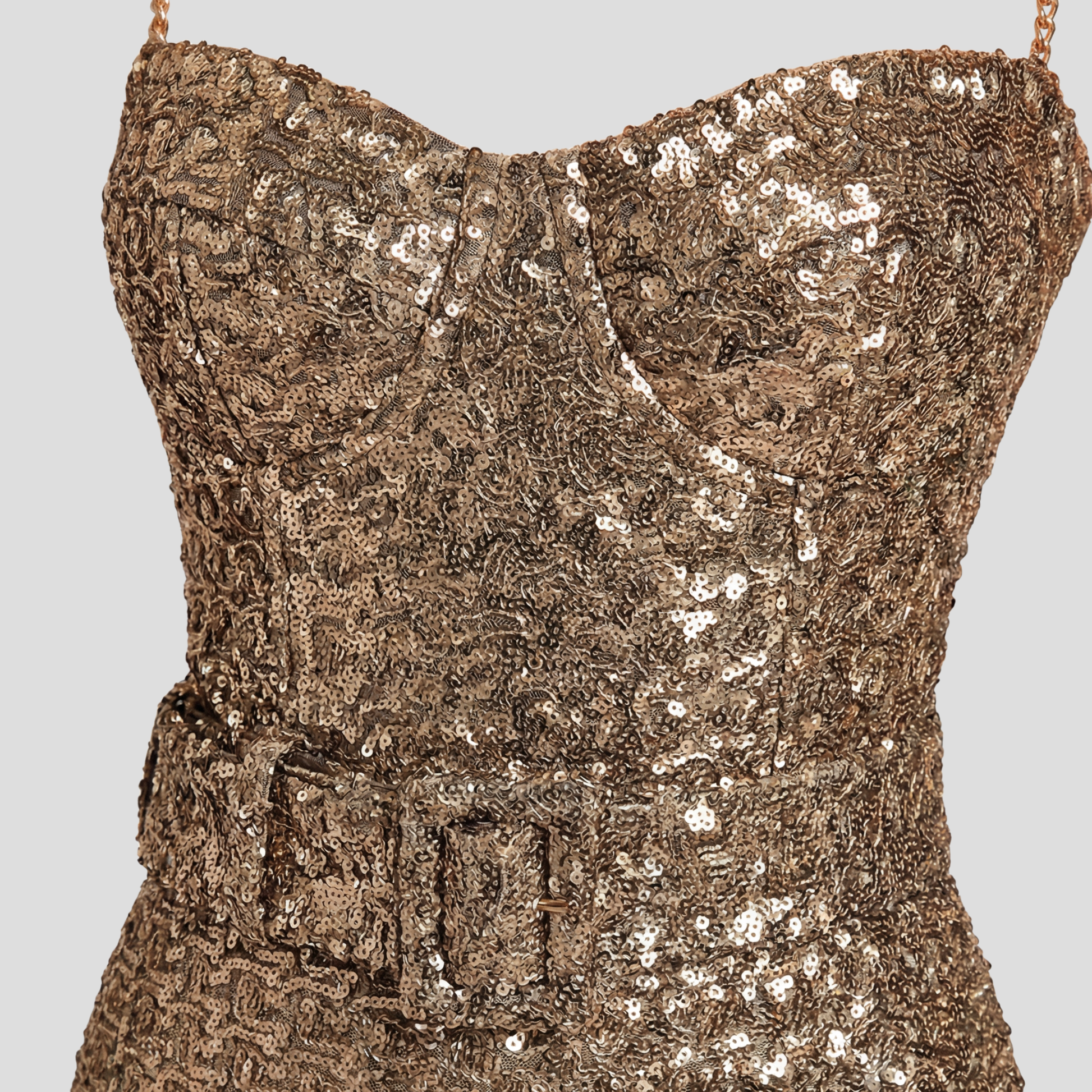 Women's strapless gold jumpsuit with a belted waist