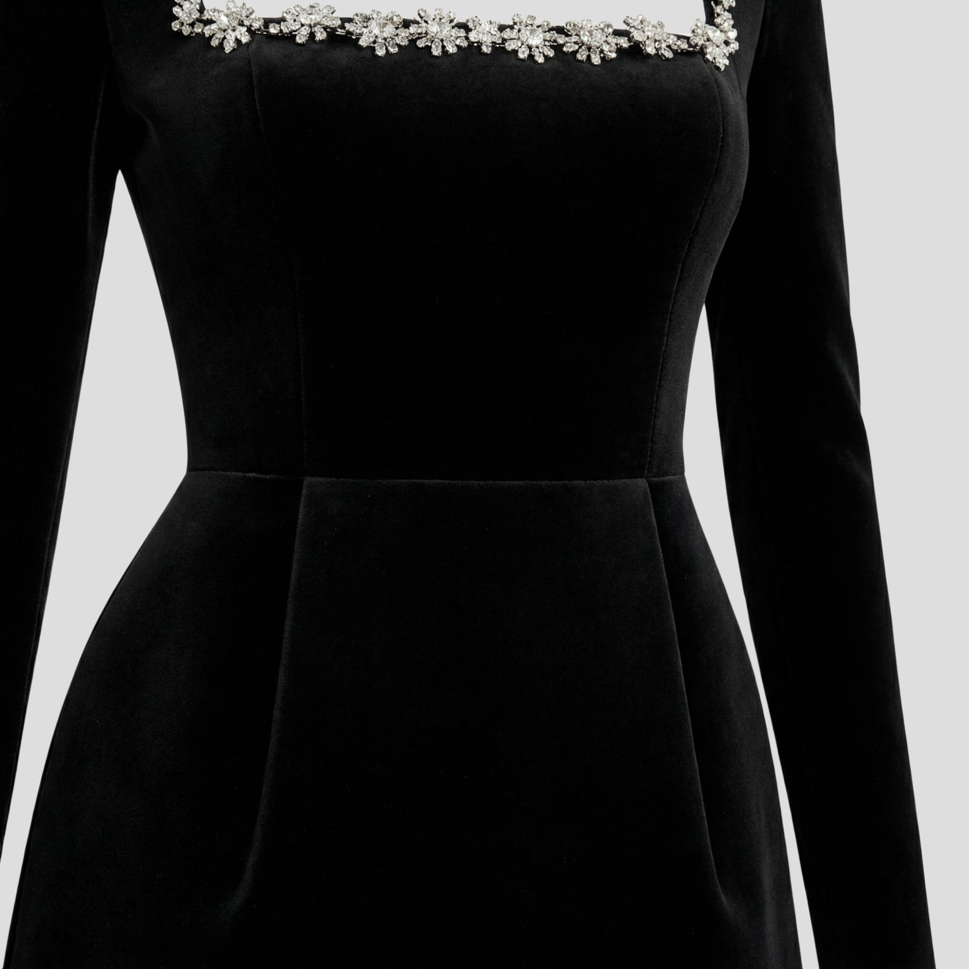 Women's structured cocktail dress with square neckline and embellished detailing in black