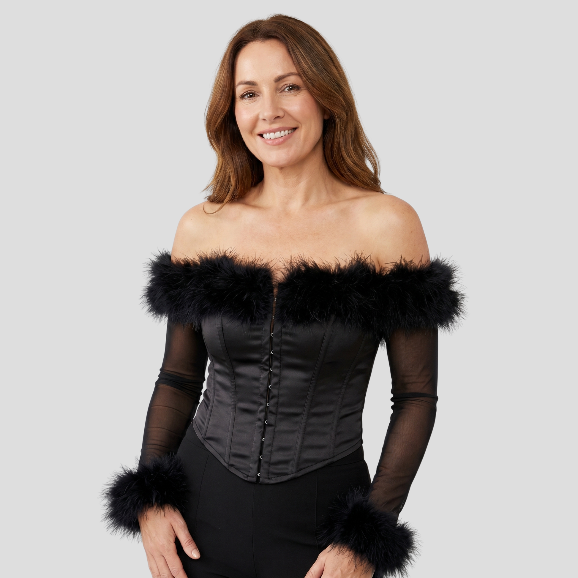 Black structured corset top with contoured fit and defined waistline for women