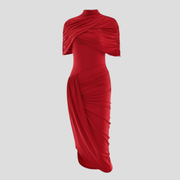 Women's high-neck maxi dress with cape overlay and asymmetrical hem for evening wear