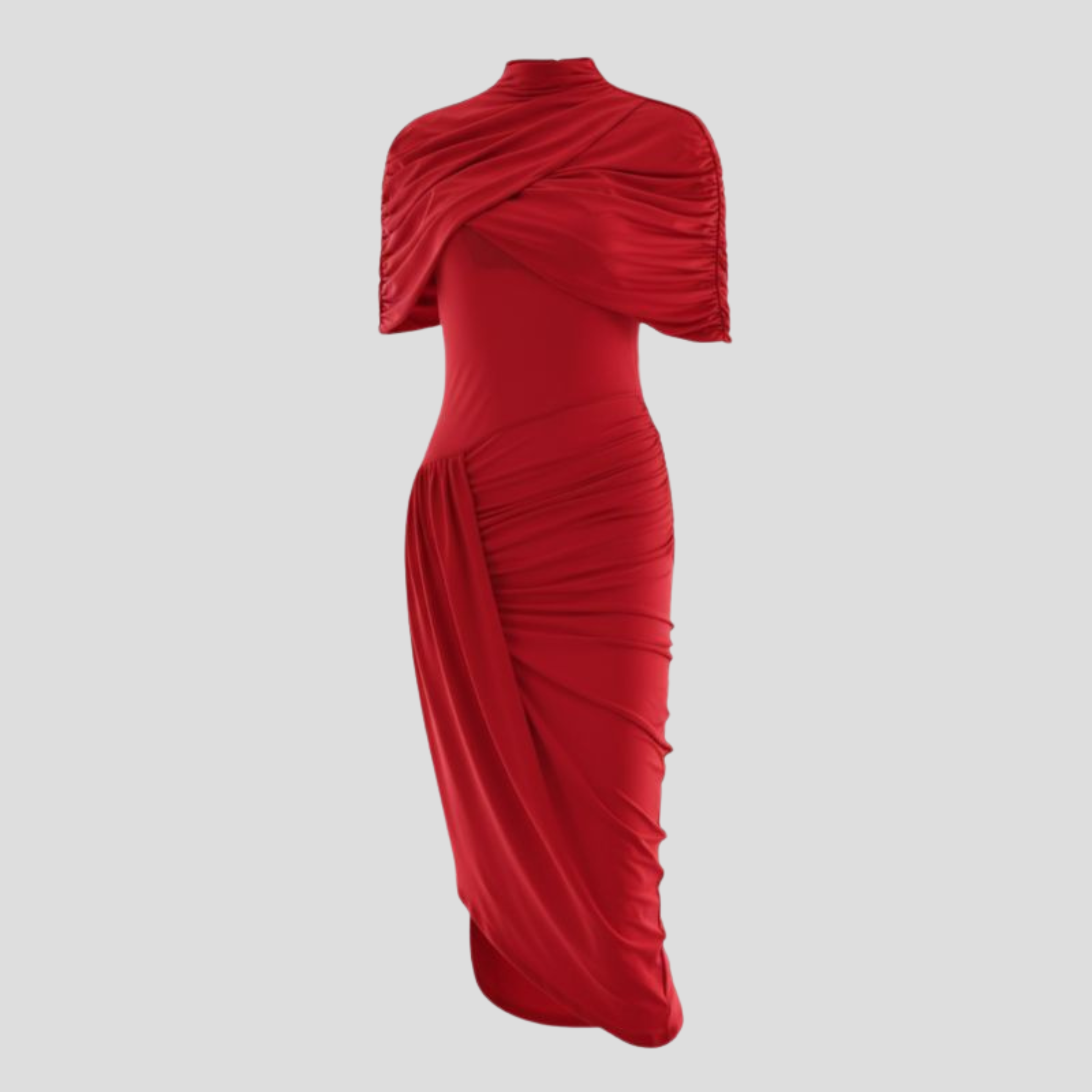 Women's high-neck maxi dress with cape overlay and asymmetrical hem for evening wear