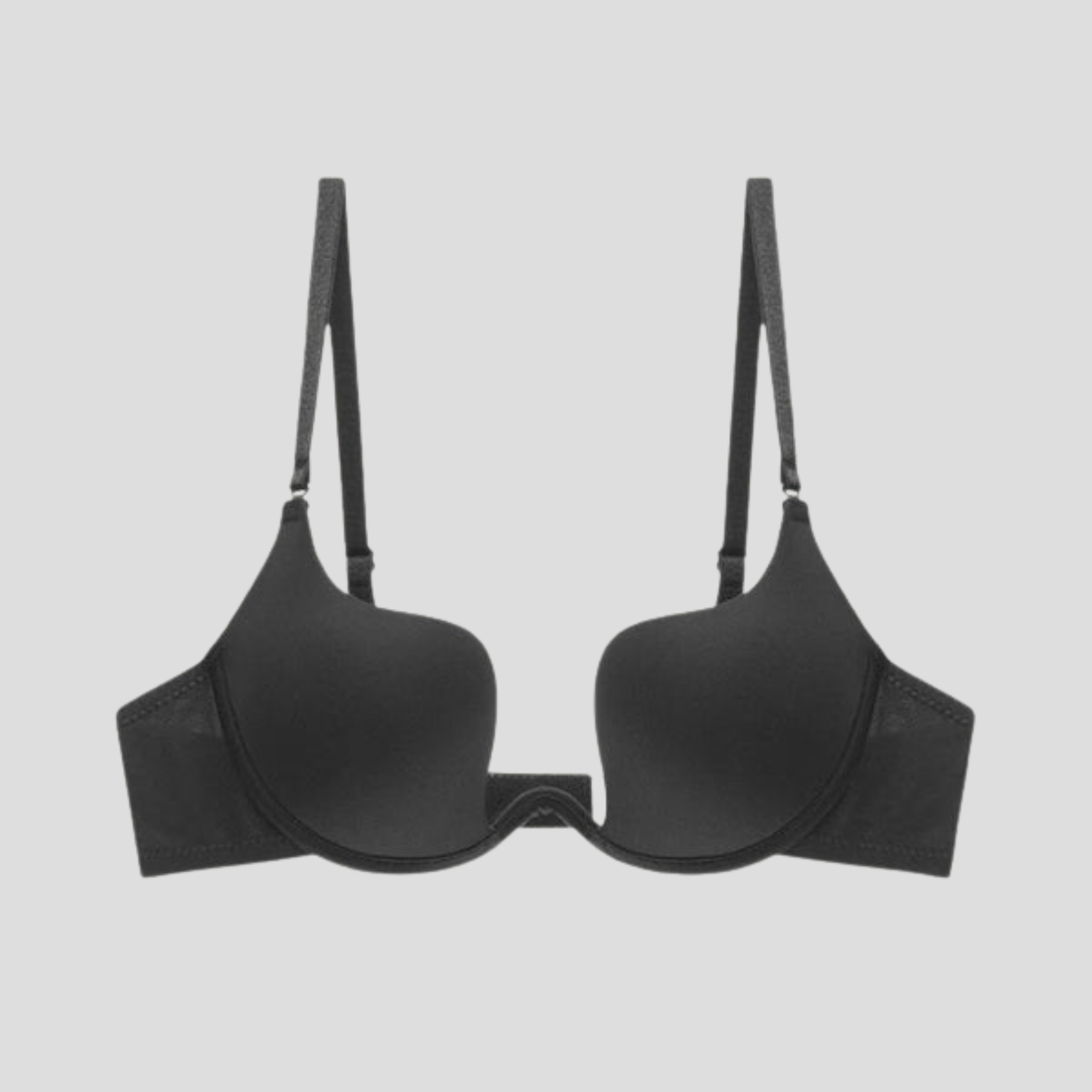 Black women's bra with deep-U bridge detail and underwire structured silhouette