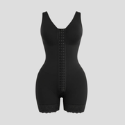 Women's full-length sculpting bodysuit with hook-front closure in black and beige