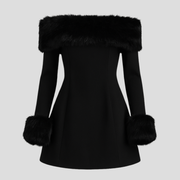 Black off-shoulder mini dress with defined trim silhouette for evening wear