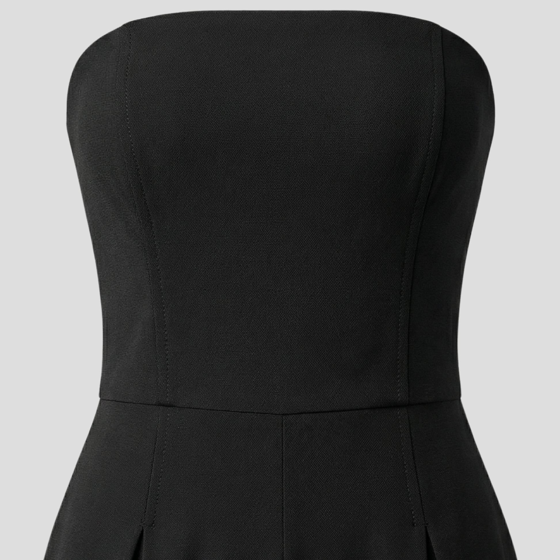 Women's strapless straight-leg jumpsuit shown in black, beige, and navy