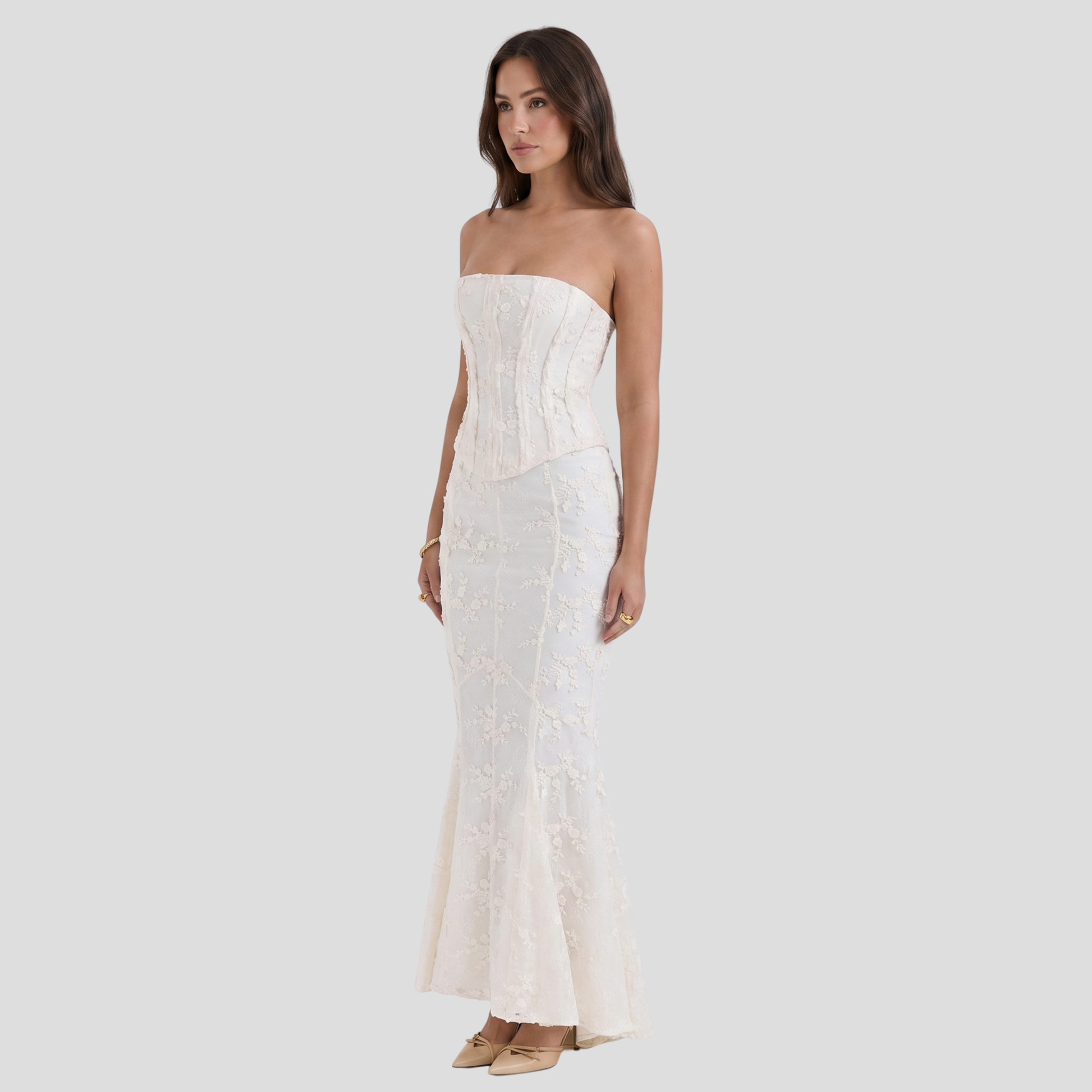White embroidered strapless maxi dress with corset bodice and mermaid silhouette