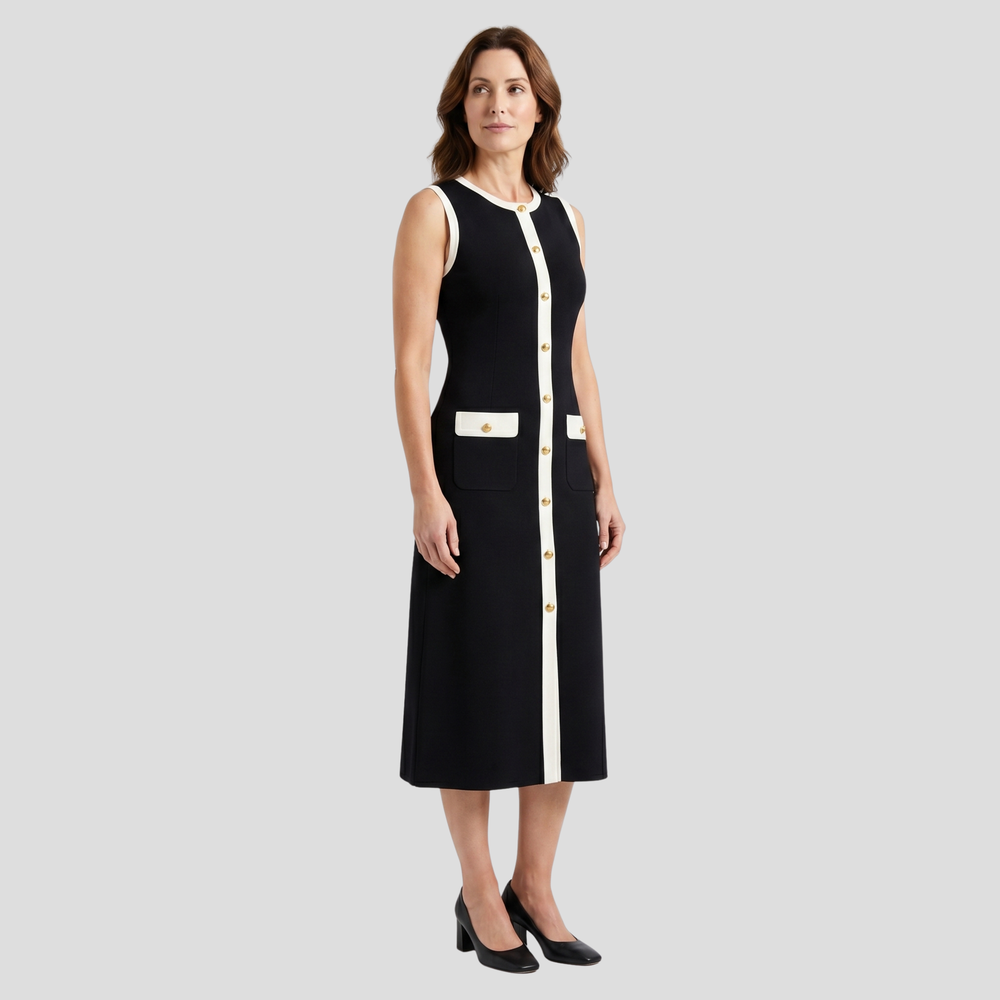 Black sleeveless midi dress with contrast trim edging and button-front detailing