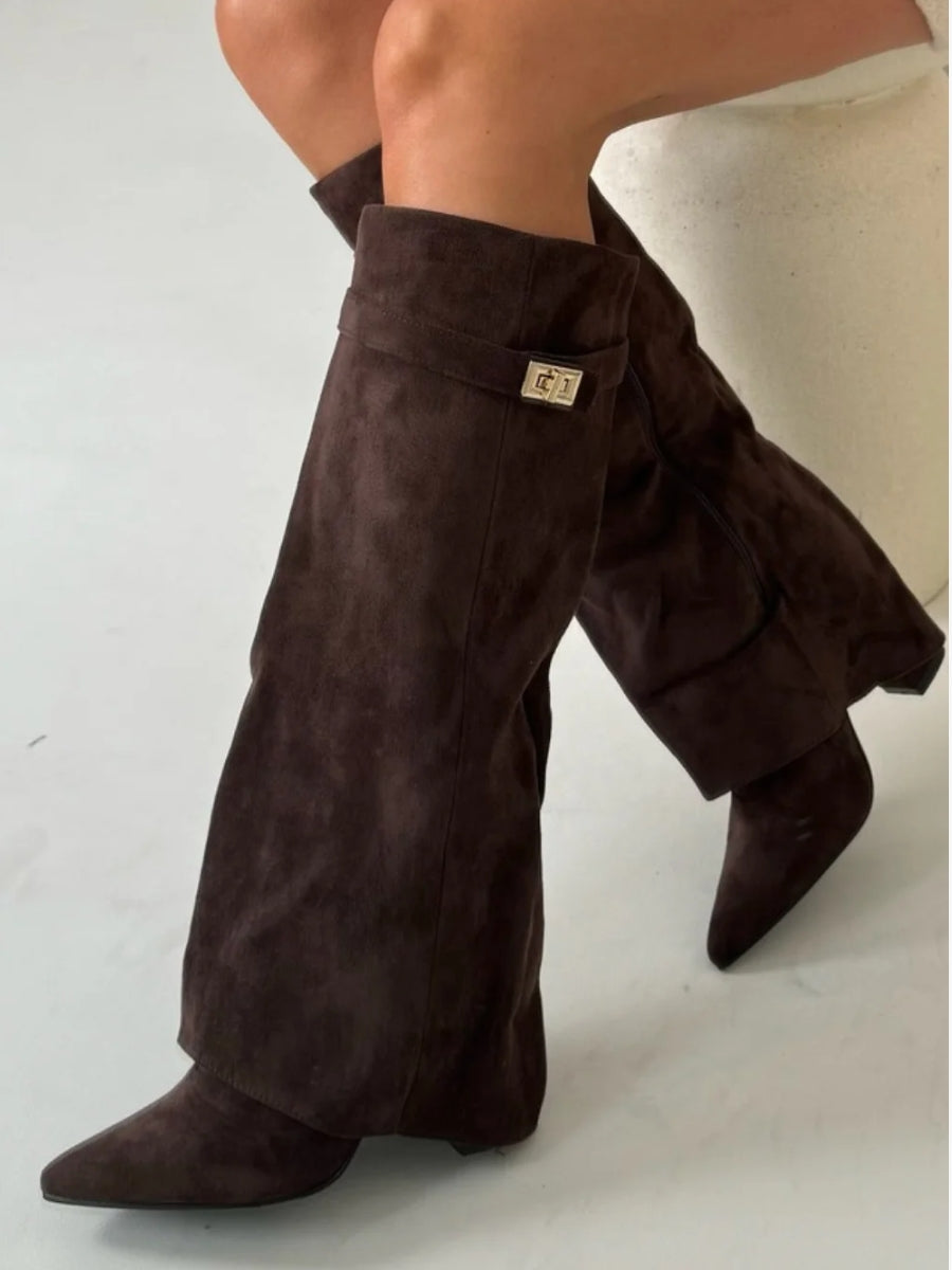 Elegant women's suede and leather boots with subtle golden accents