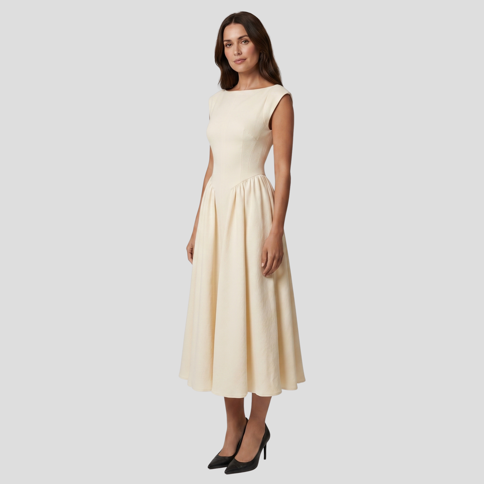 Women's high-neck midi dress with open-back cutout and pleated A-line skirt in black