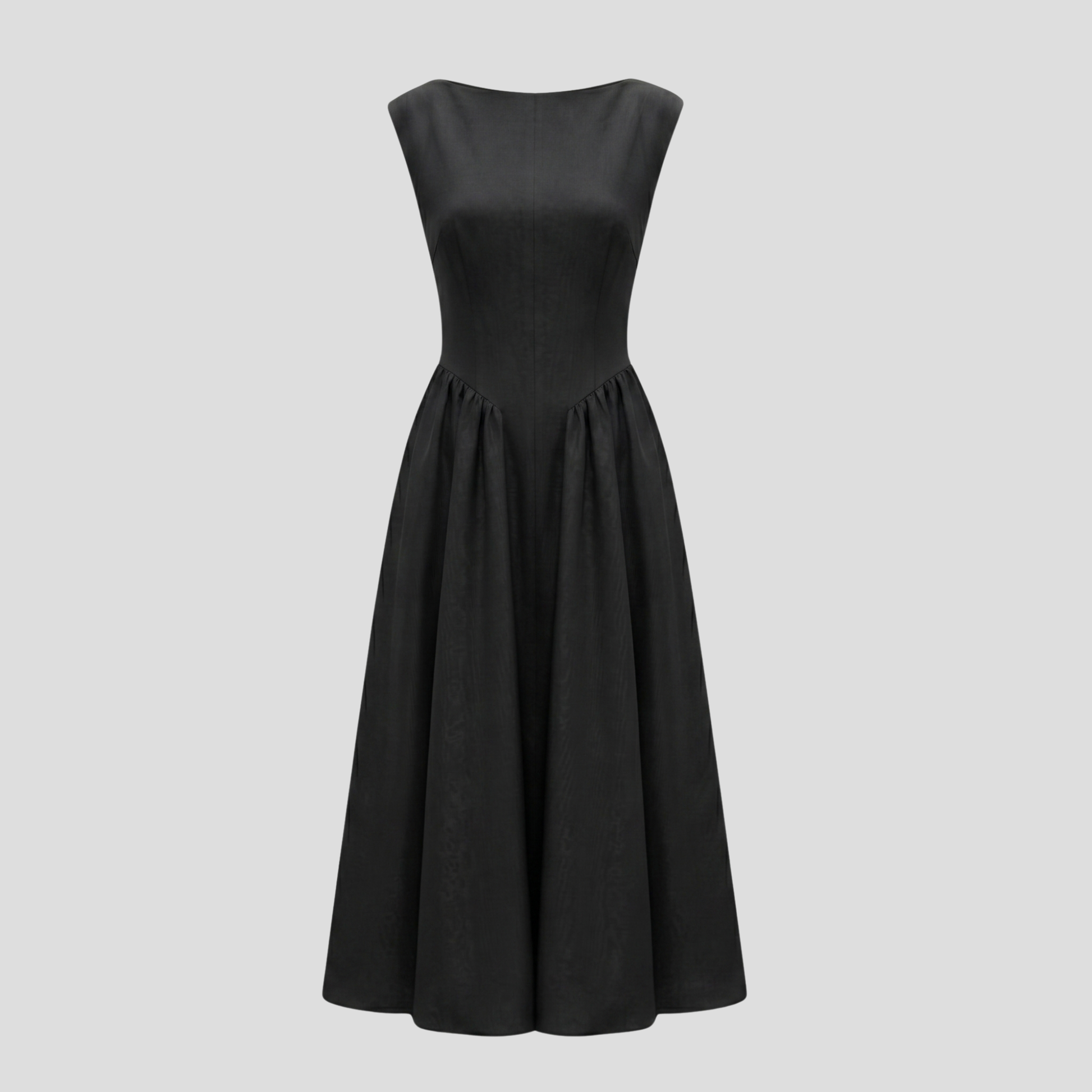 Women's high-neck midi dress with open-back cutout and pleated A-line skirt in black