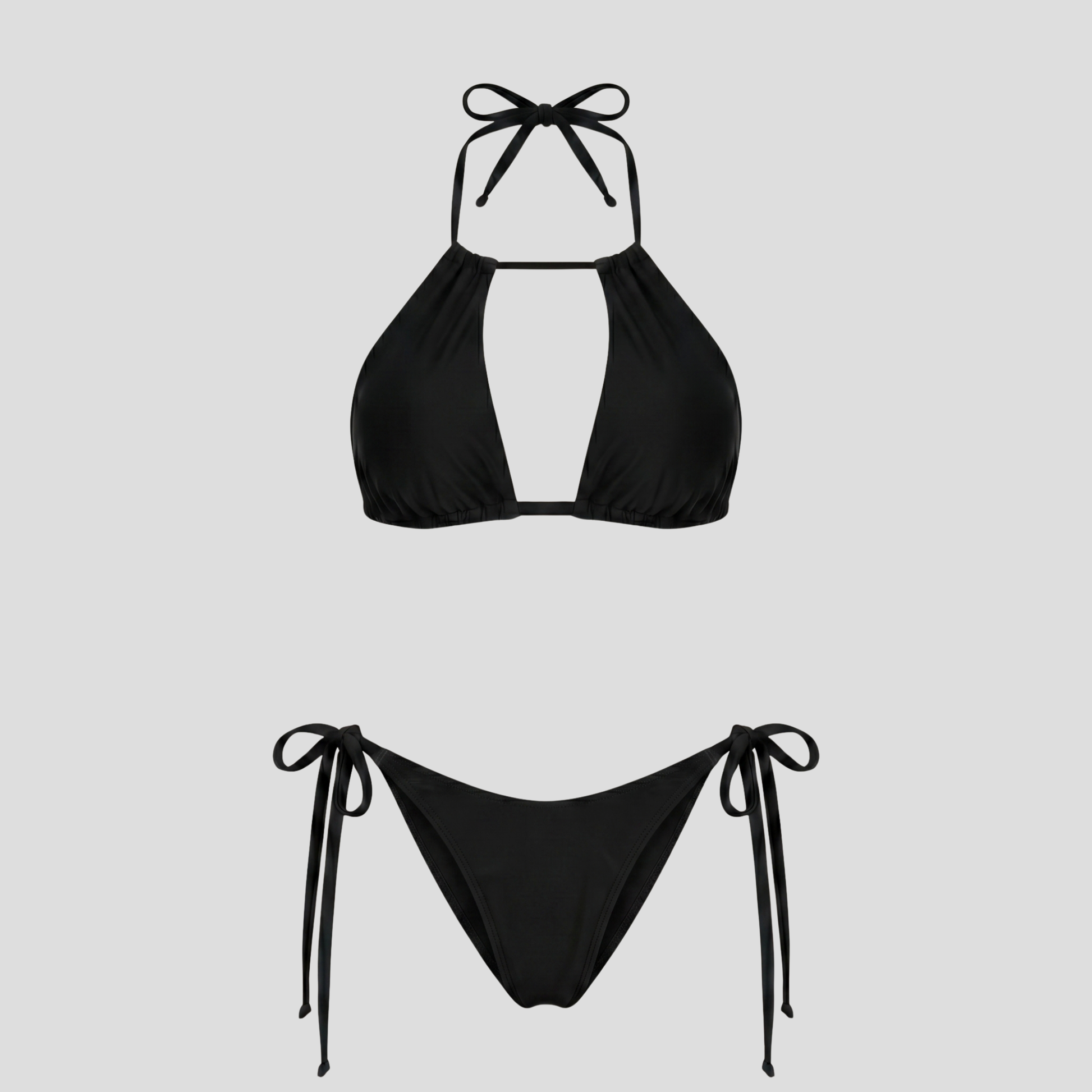 Women's triangle halter bikini set with side-tie bottoms shown in brown, red, and black