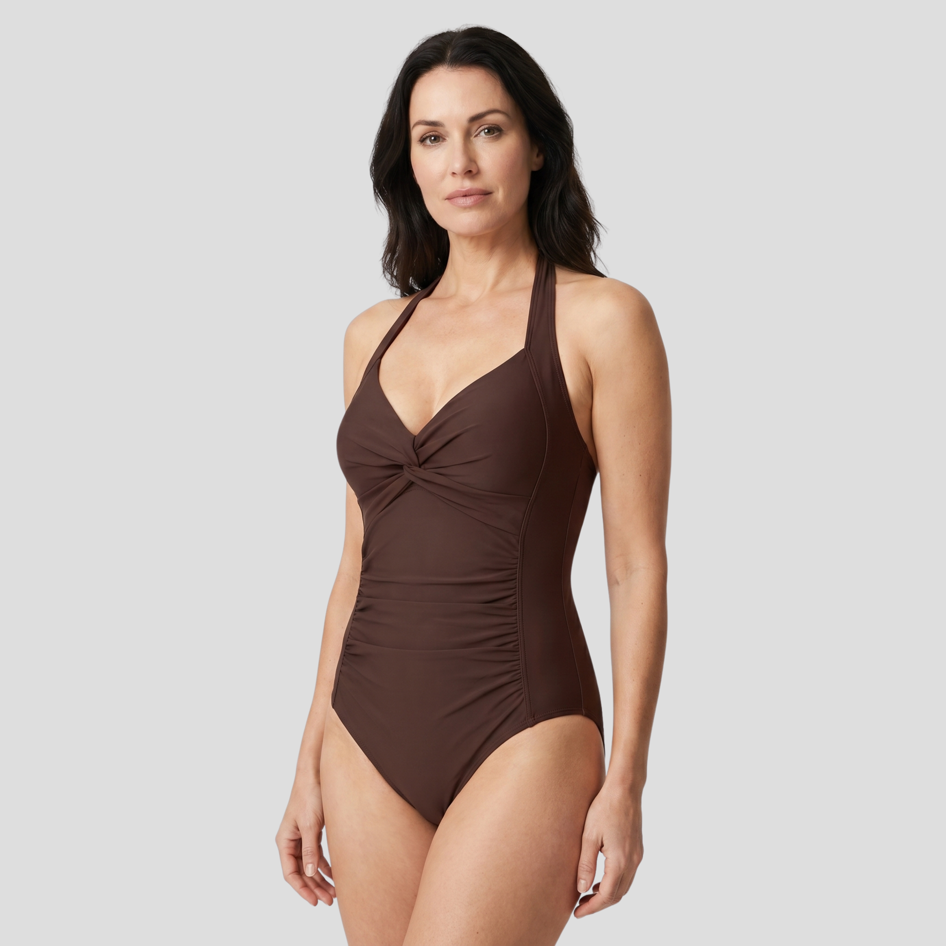 Women's halter neckline one-piece swimsuit with side ruching and twisted bust detail