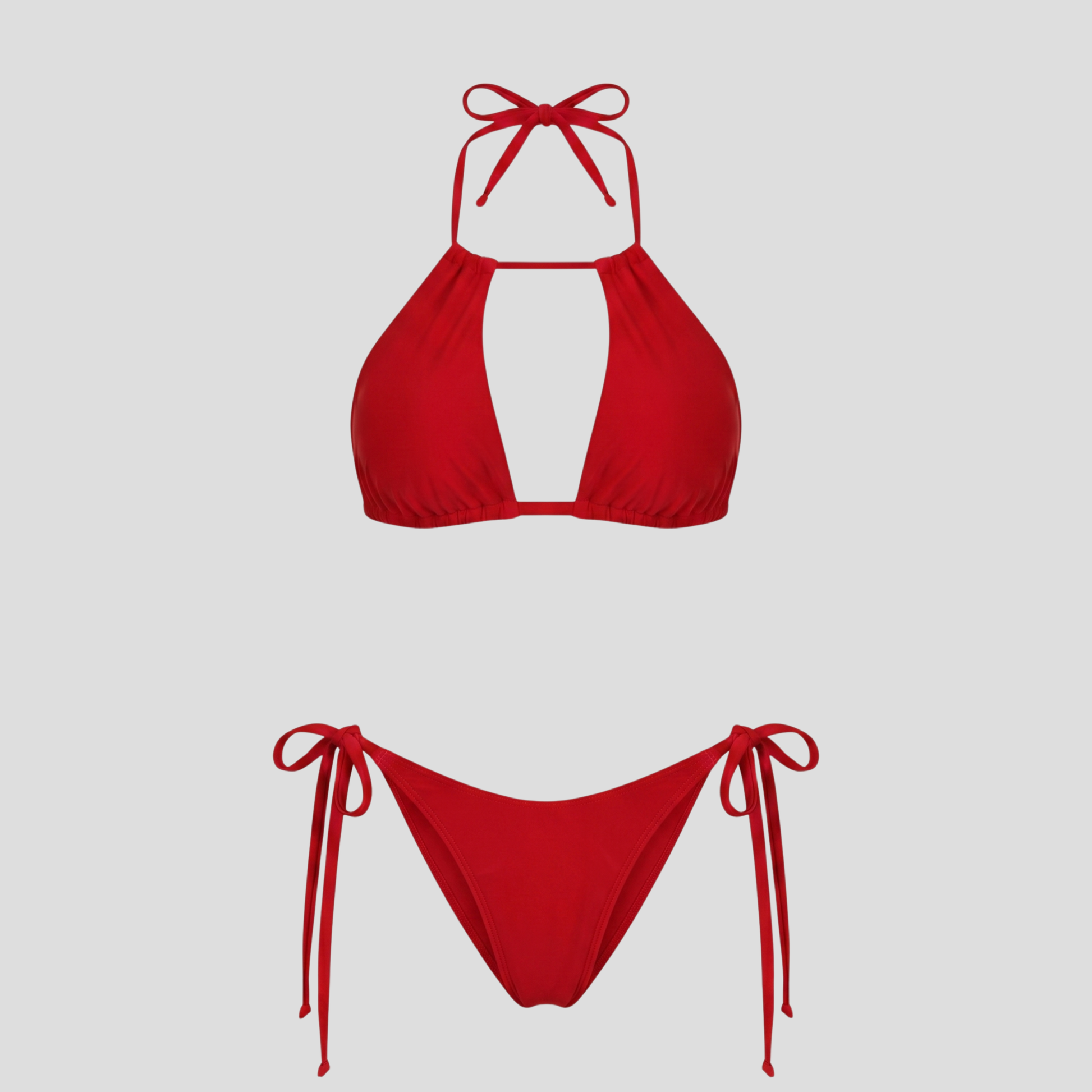 Women's triangle halter bikini set with side-tie bottoms shown in brown, red, and black