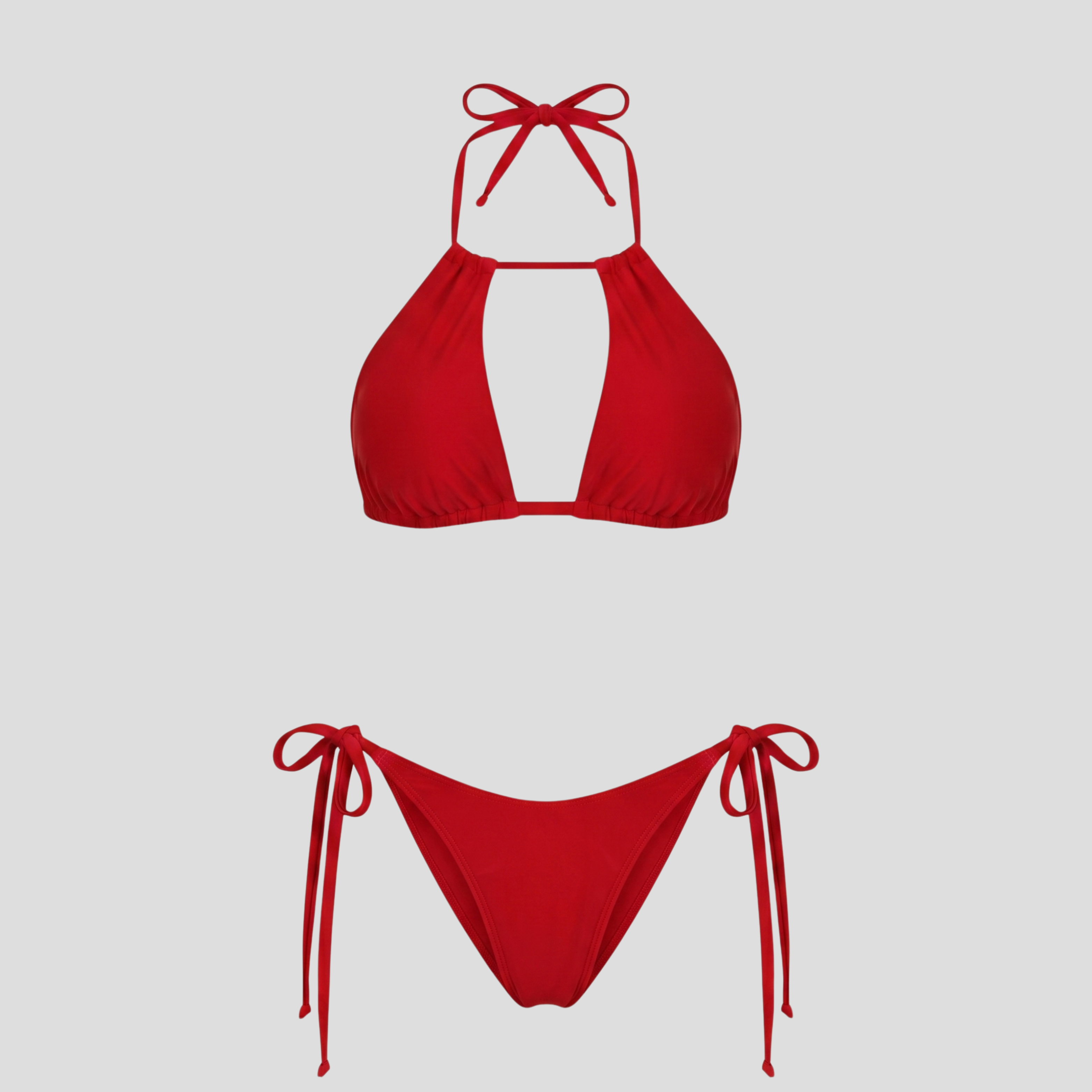 Women's triangle halter bikini set with side-tie bottoms shown in brown, red, and black
