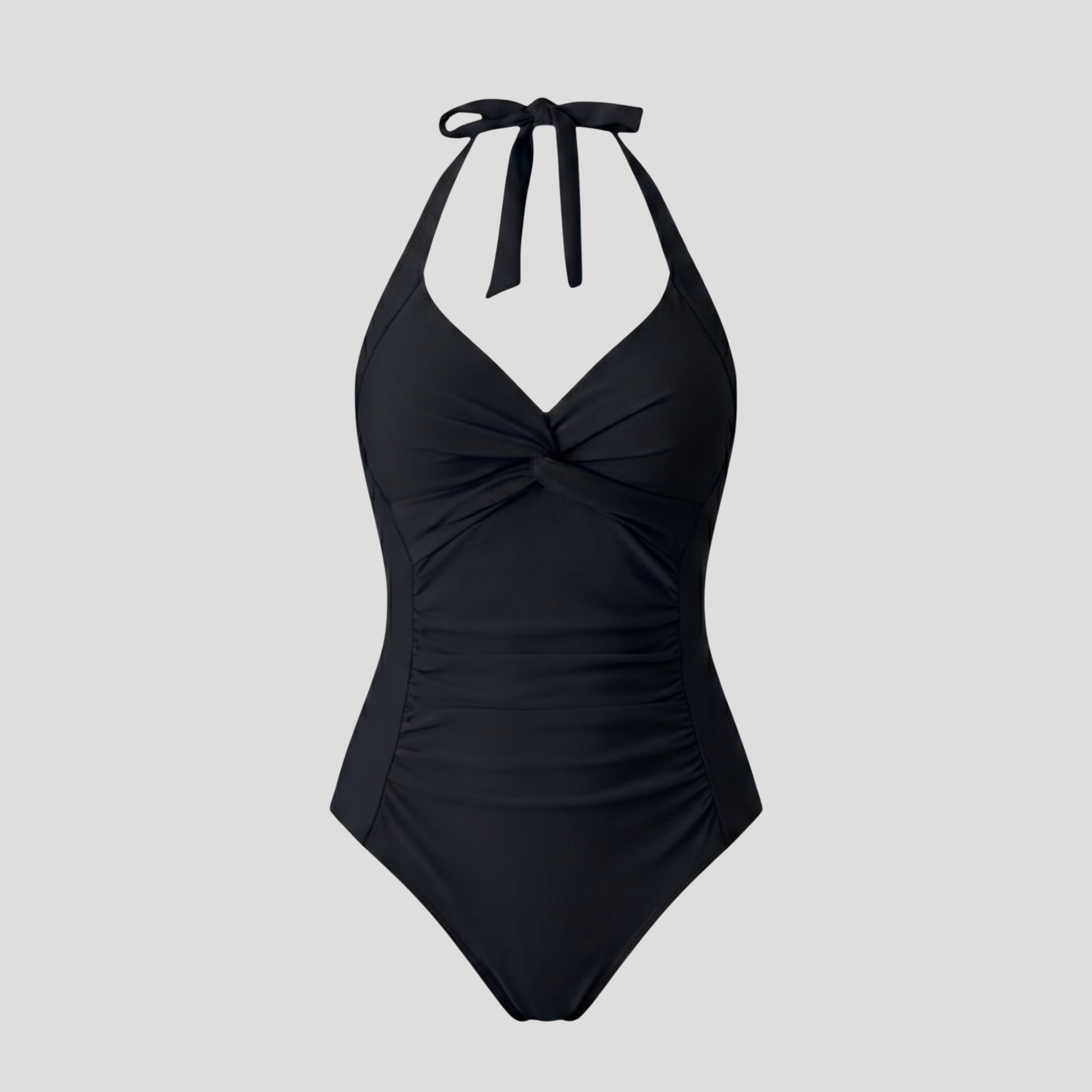 Women's halter neckline one-piece swimsuit with side ruching and twisted bust detail