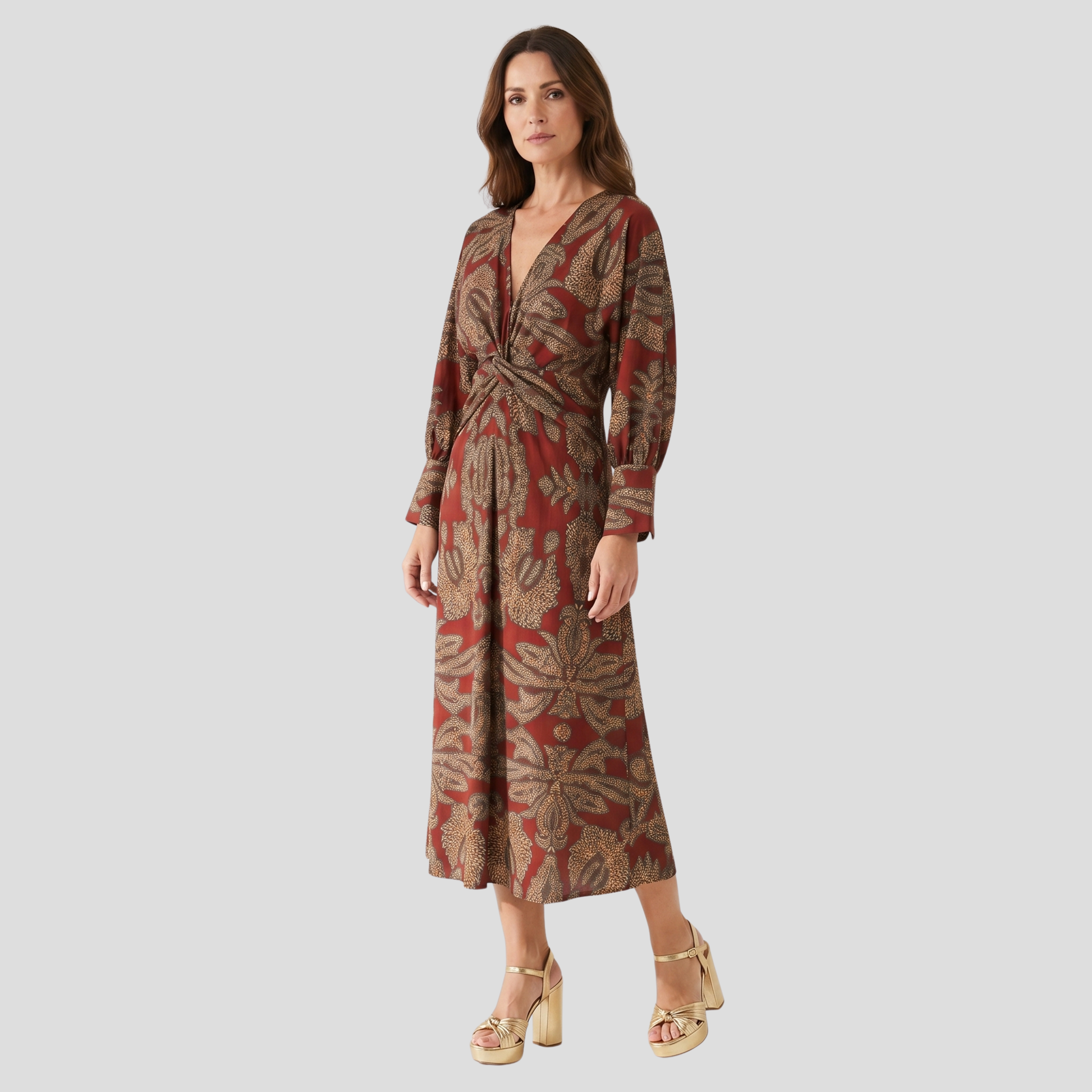 Women's flowing midi dress with contoured silhouette, shown in blue, green, red, and purple