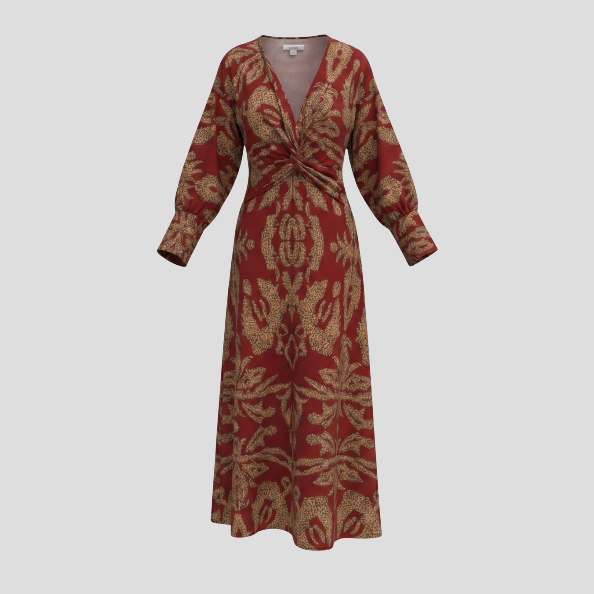 Women's flowing midi dress with contoured silhouette, shown in blue, green, red, and purple