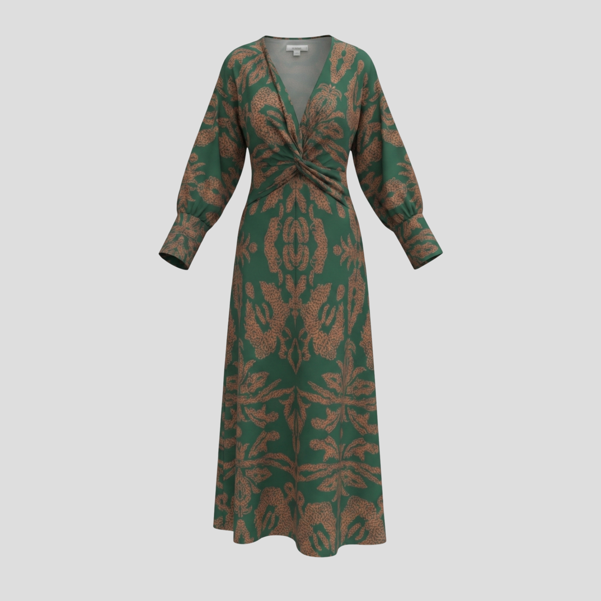 Women's flowing midi dress with contoured silhouette, shown in blue, green, red, and purple