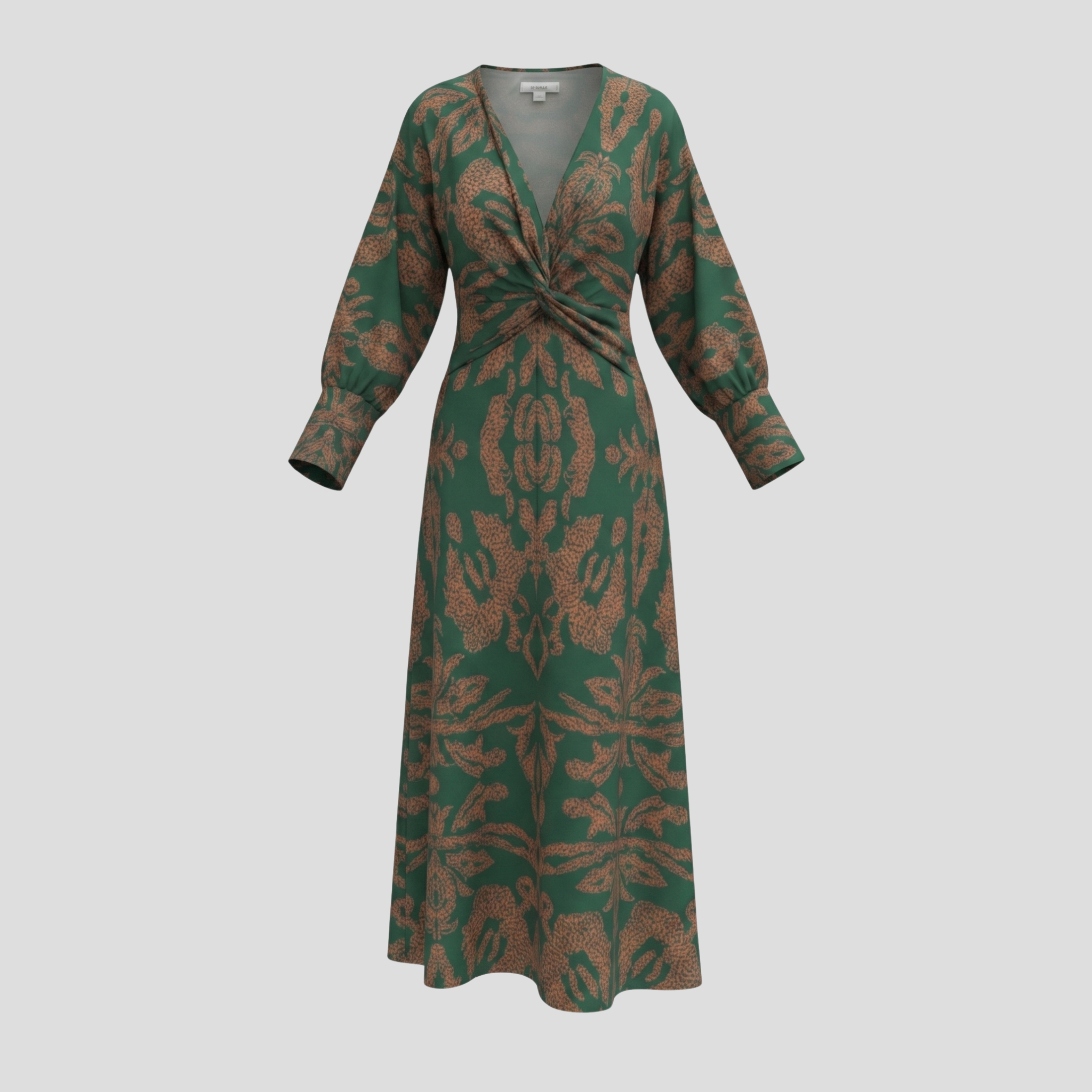 Women's flowing midi dress with contoured silhouette, shown in blue, green, red, and purple