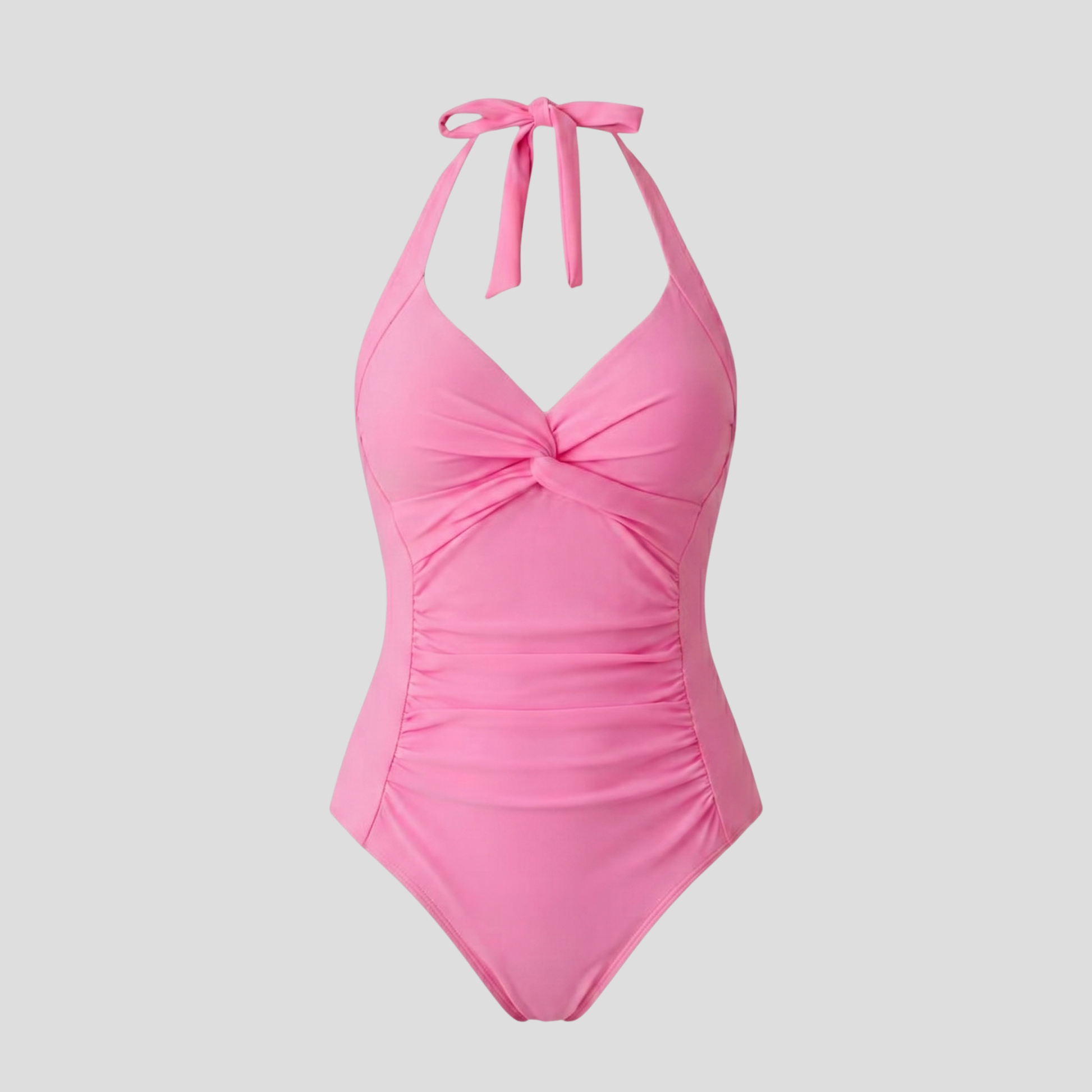 Women's halter neckline one-piece swimsuit with side ruching and twisted bust detail