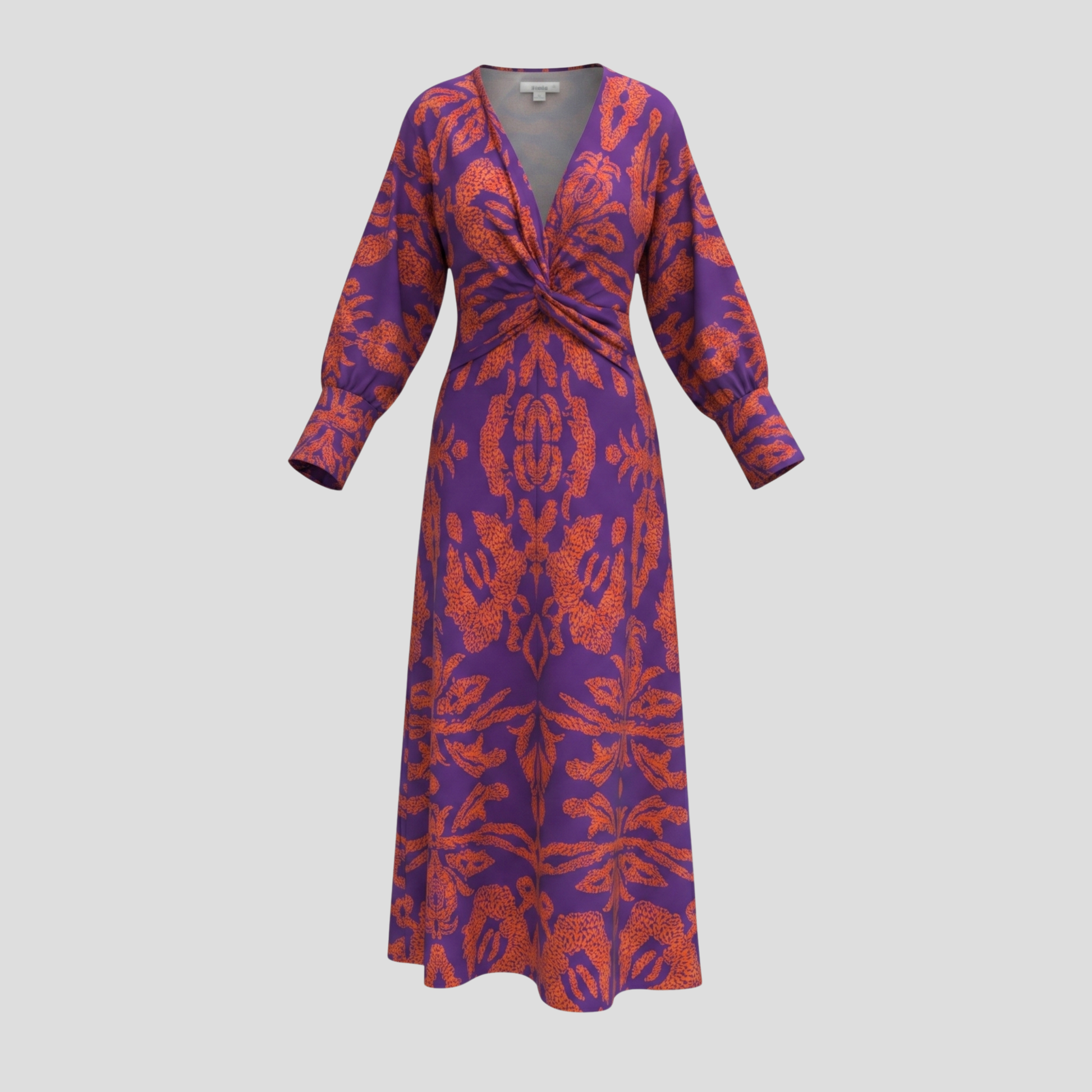 Women's flowing midi dress with contoured silhouette, shown in blue, green, red, and purple