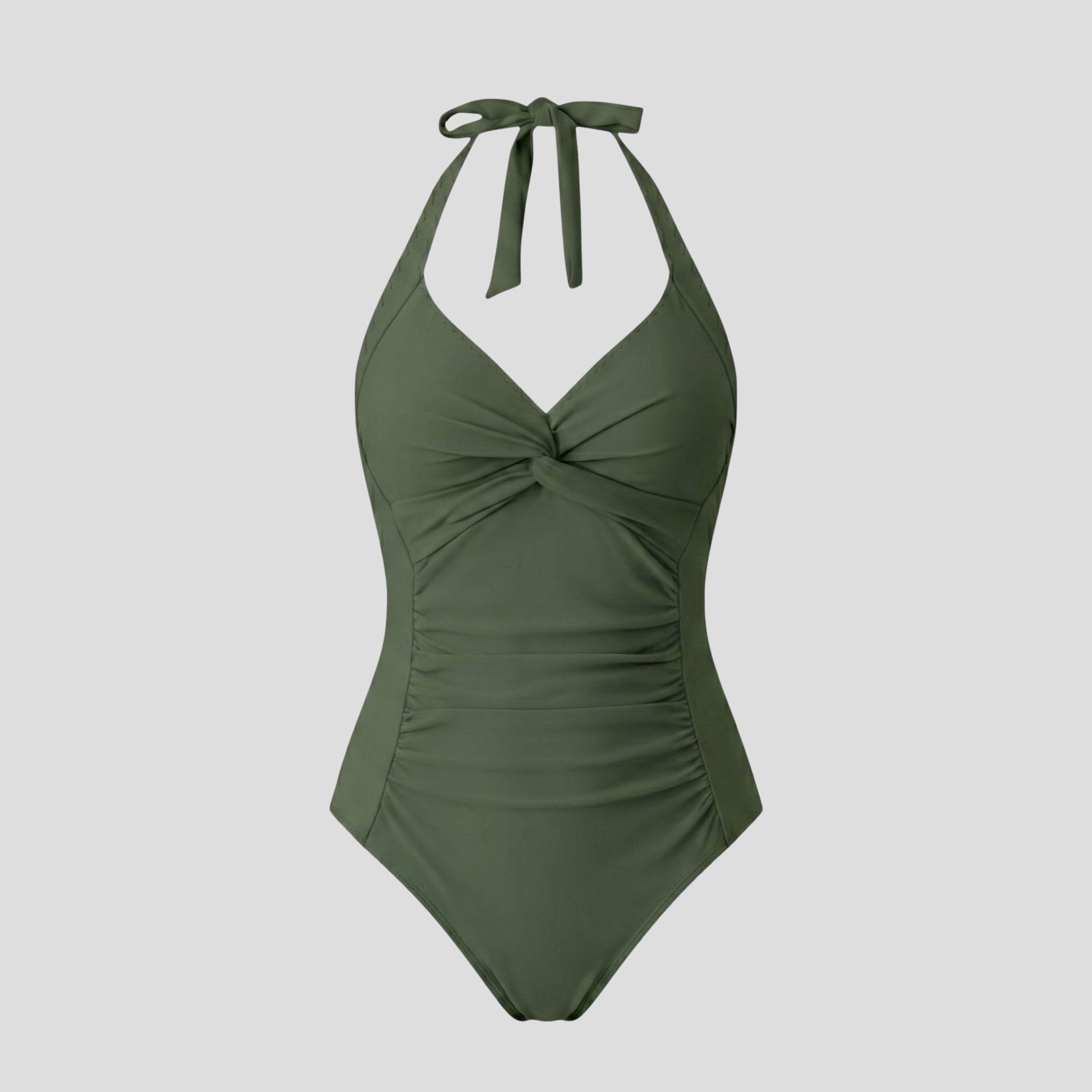 Women's halter neckline one-piece swimsuit with side ruching and twisted bust detail