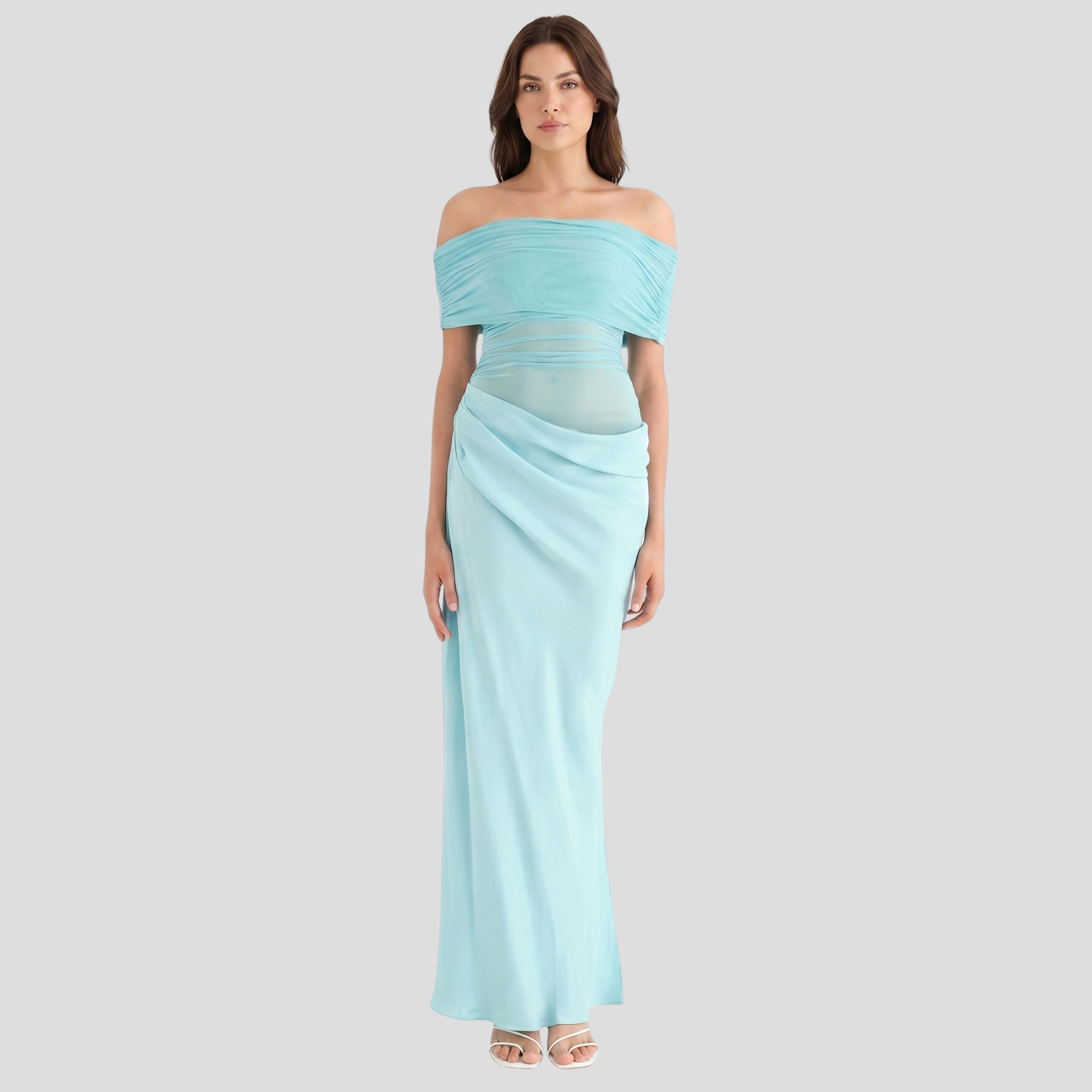 Off-shoulder draped maxi dress with sheer upper detailing for occasion wear