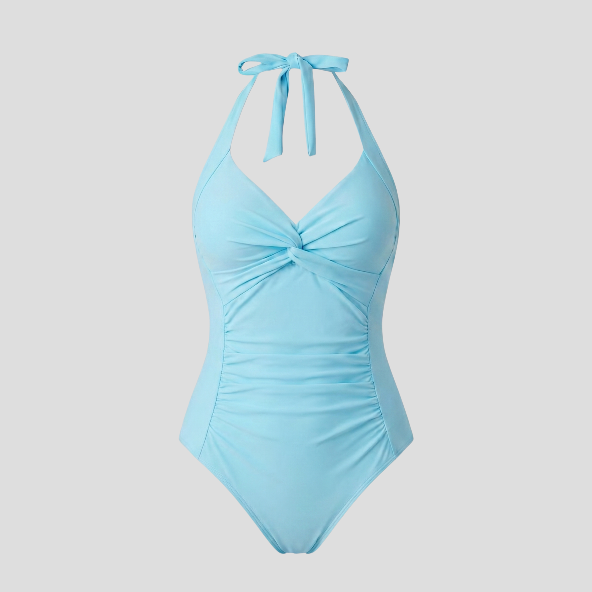 Women's halter neckline one-piece swimsuit with side ruching and twisted bust detail