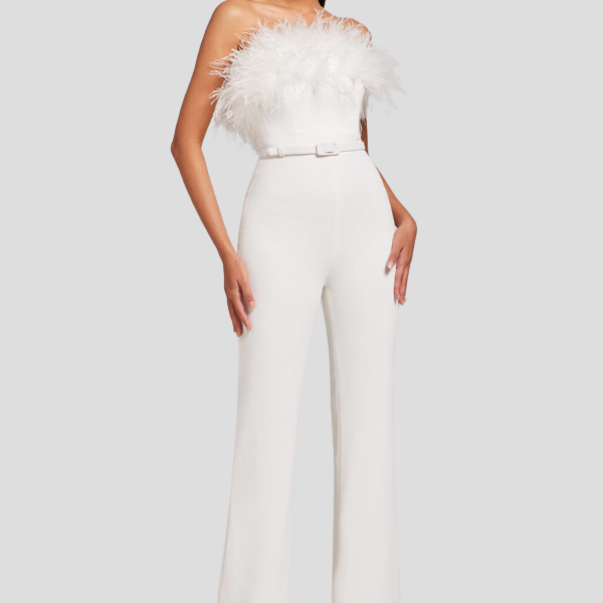 Women's strapless jumpsuit with feather-trim detail in white and black