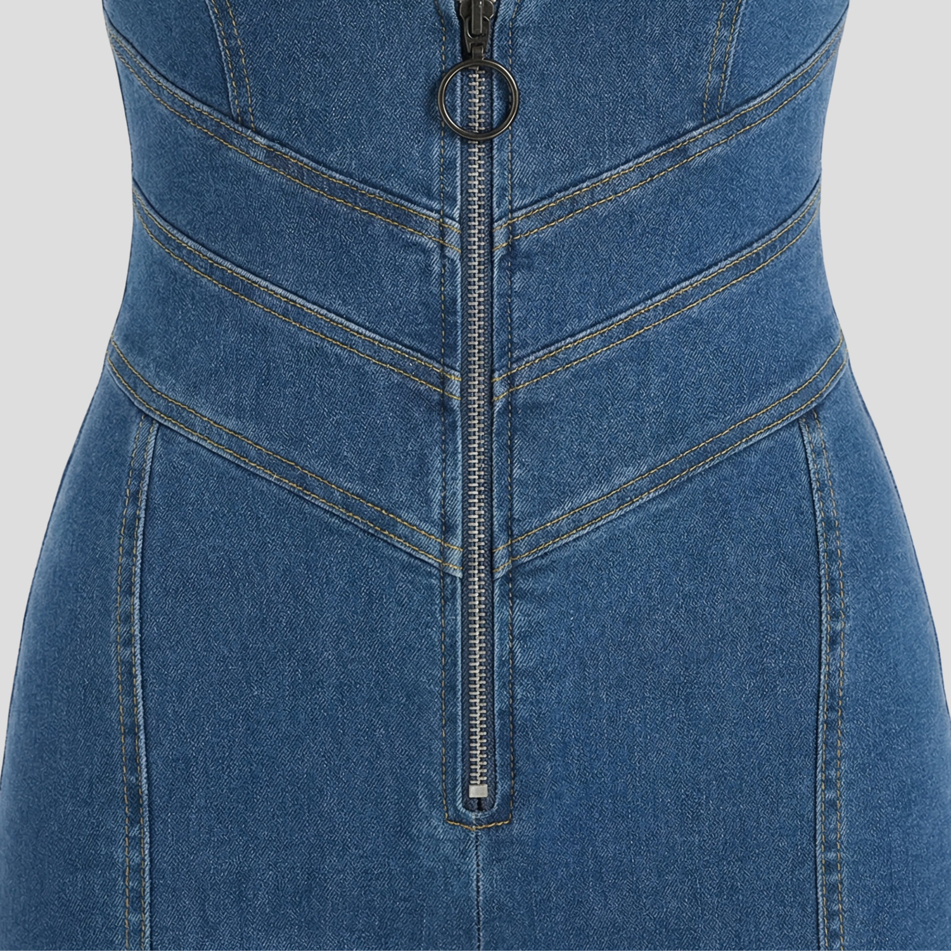 Blue women's jumpsuit with plunge neckline and open cutout back silhouette