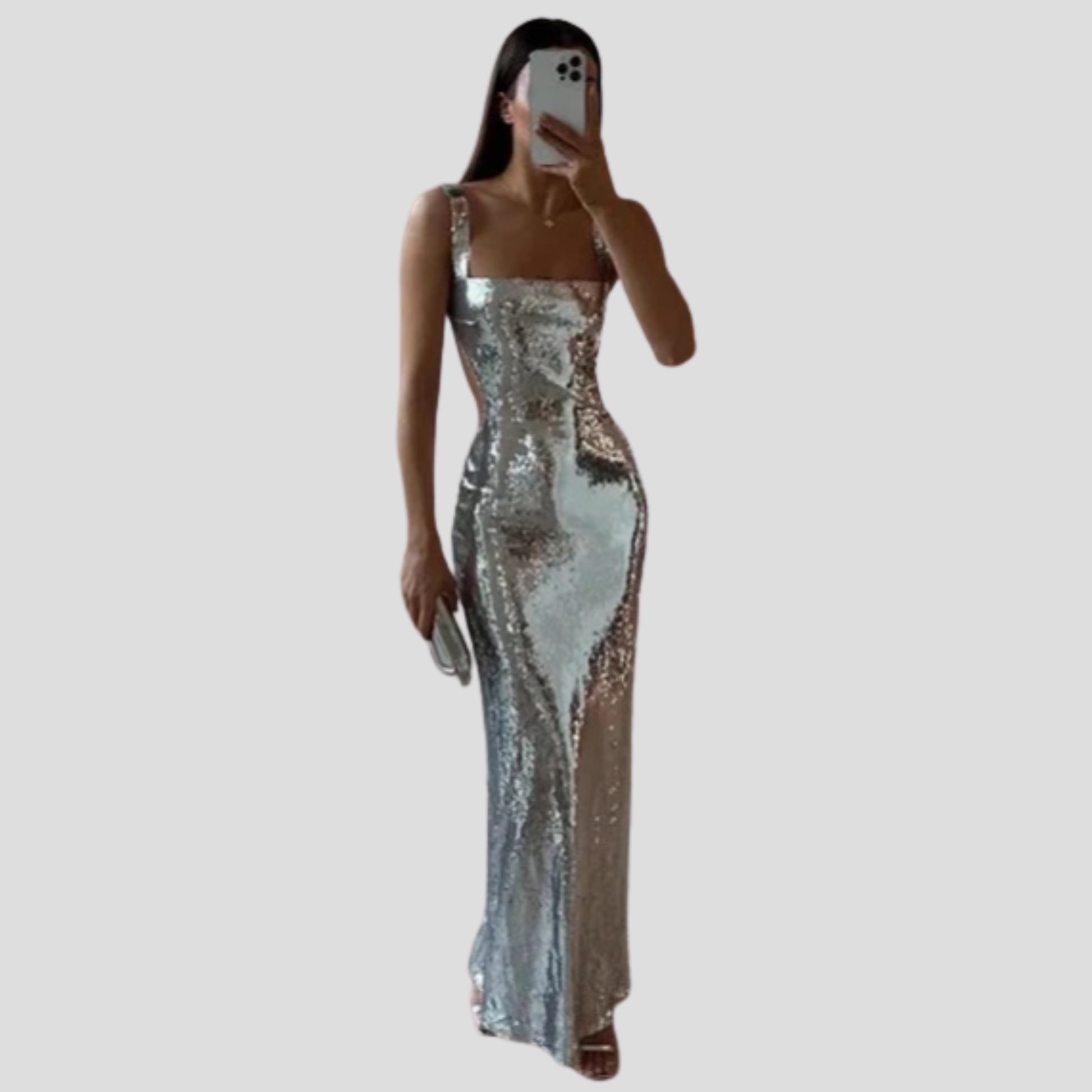 Silver floor-length maxi dress with square neckline and fitted silhouette for evening wear