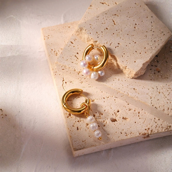 Gold-tone mismatched hoop earrings with delicate bead drop detail for women