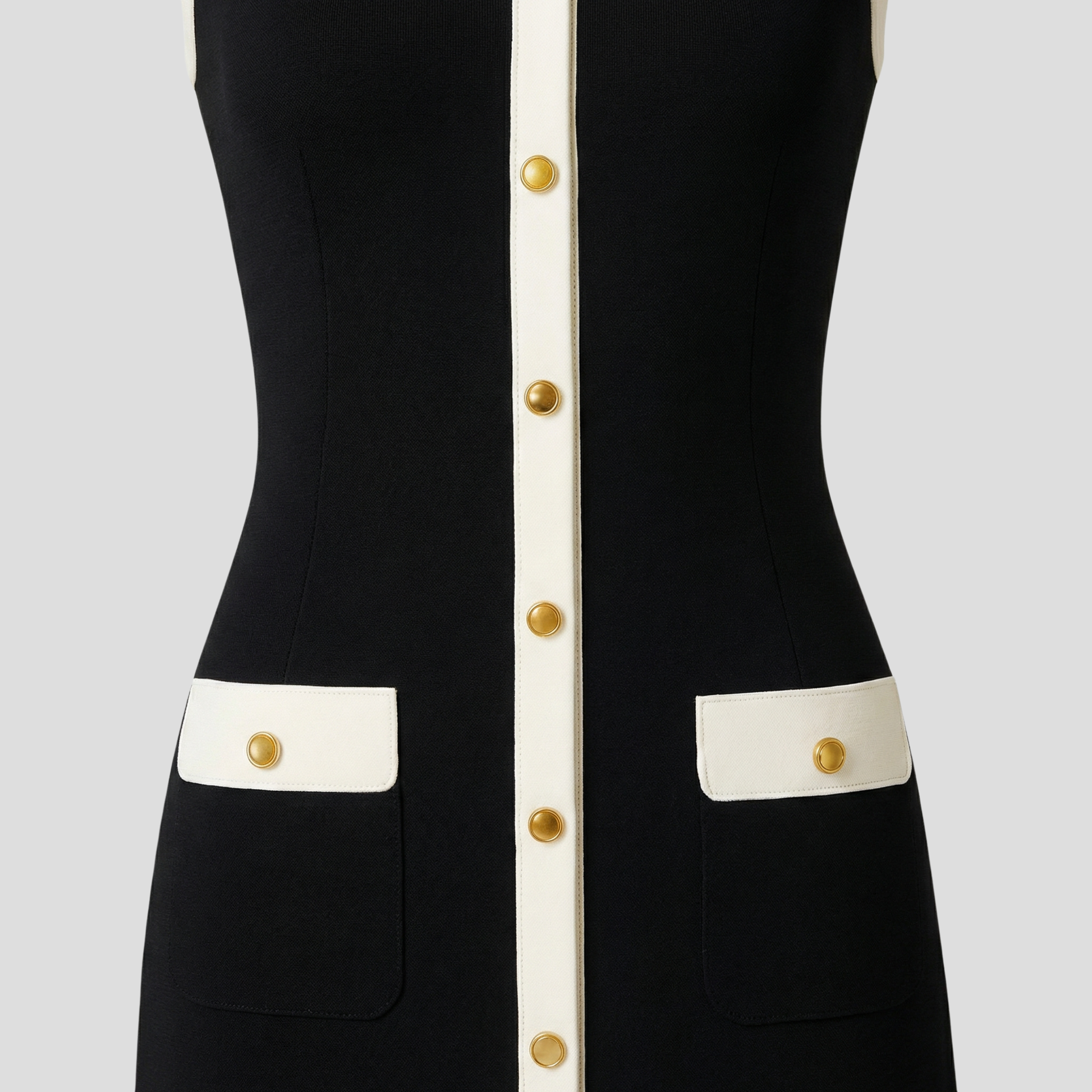 Black sleeveless midi dress with contrast trim detail for evening wear
