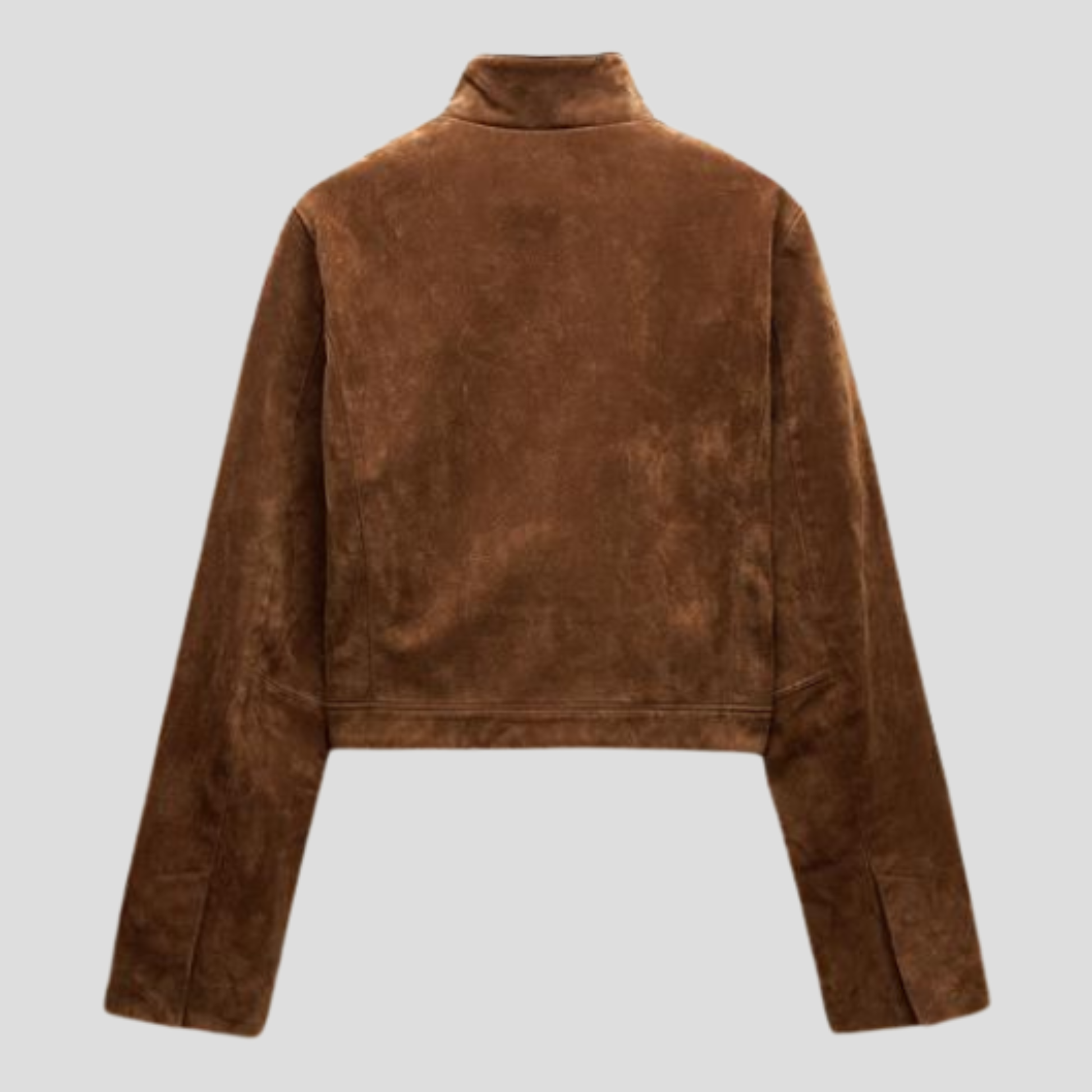 Women's cropped brown jacket with high collar and front zip closure