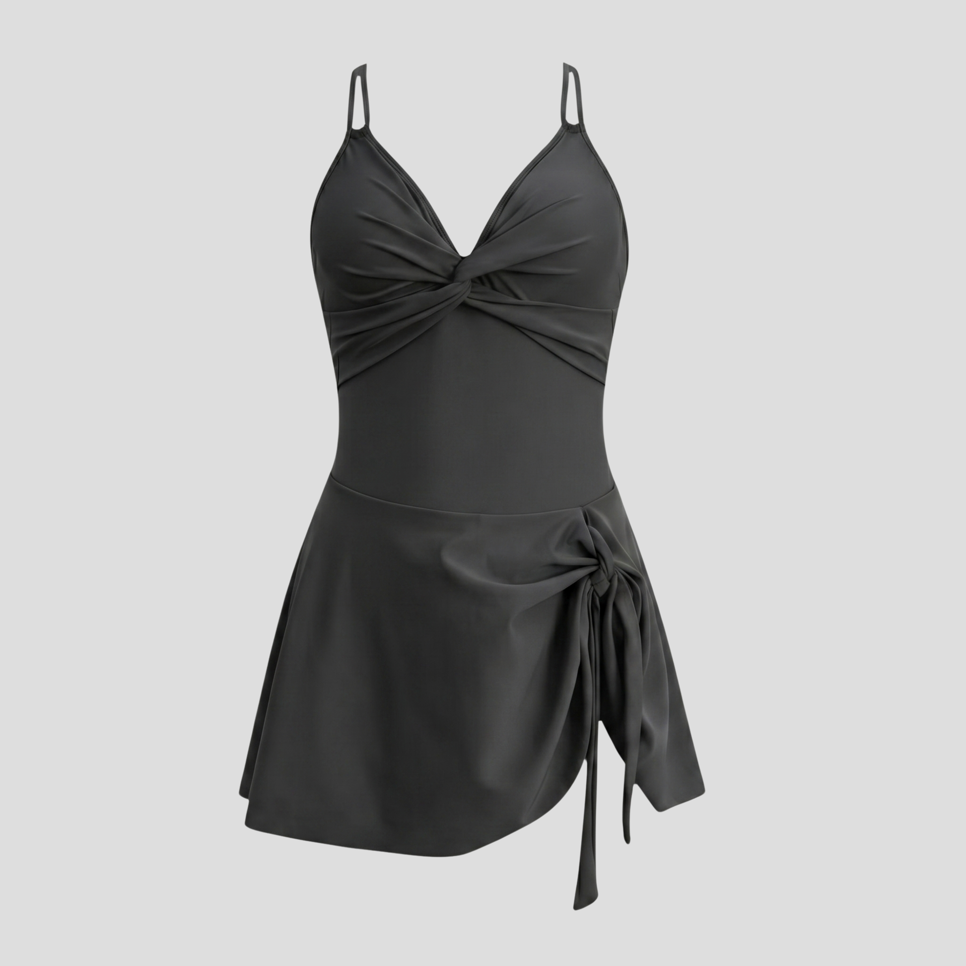 Women's twist-front one-piece swimsuit with skirted overlay and crossover back