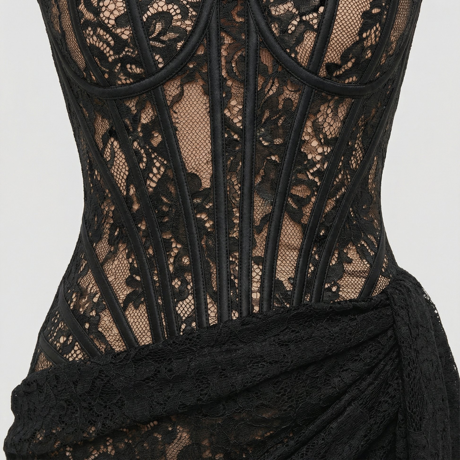 Strapless corset mini dress with boned bodice and asymmetrical lace detail