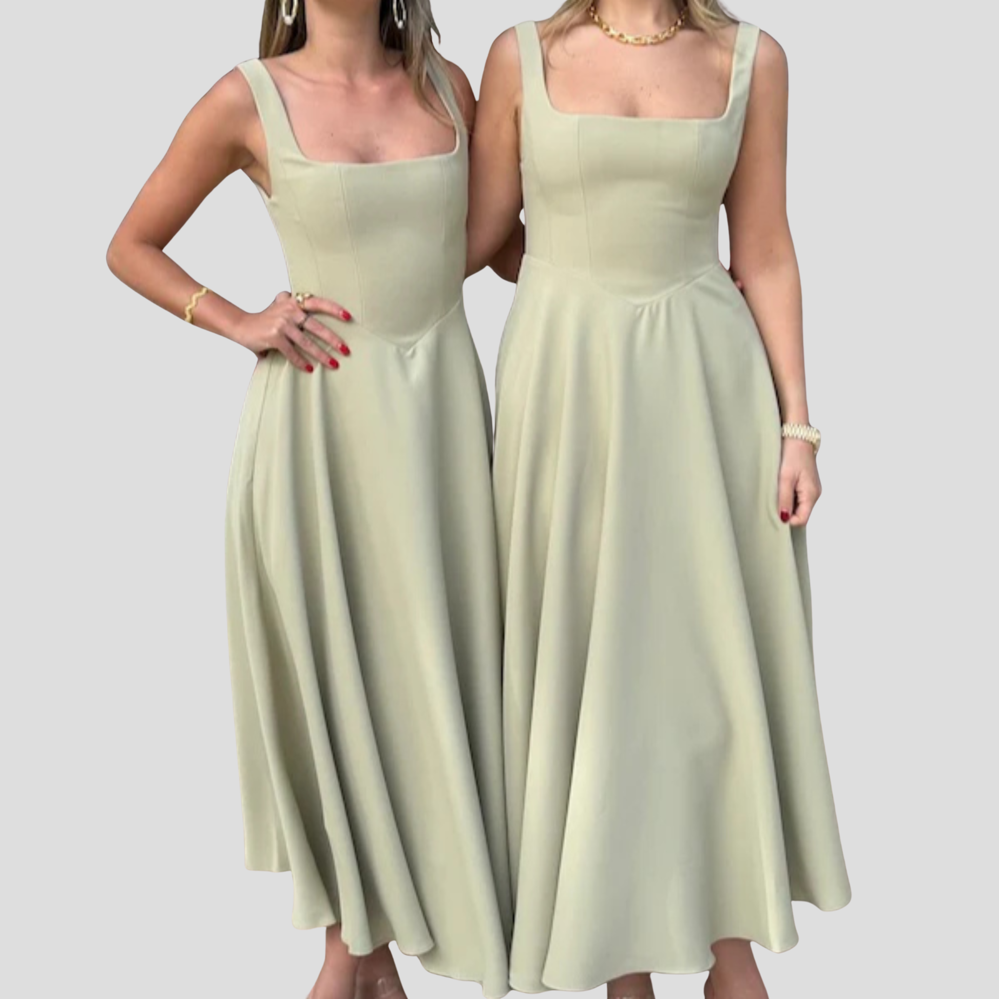 Women's square neckline A-line midi dress in green, white and black
