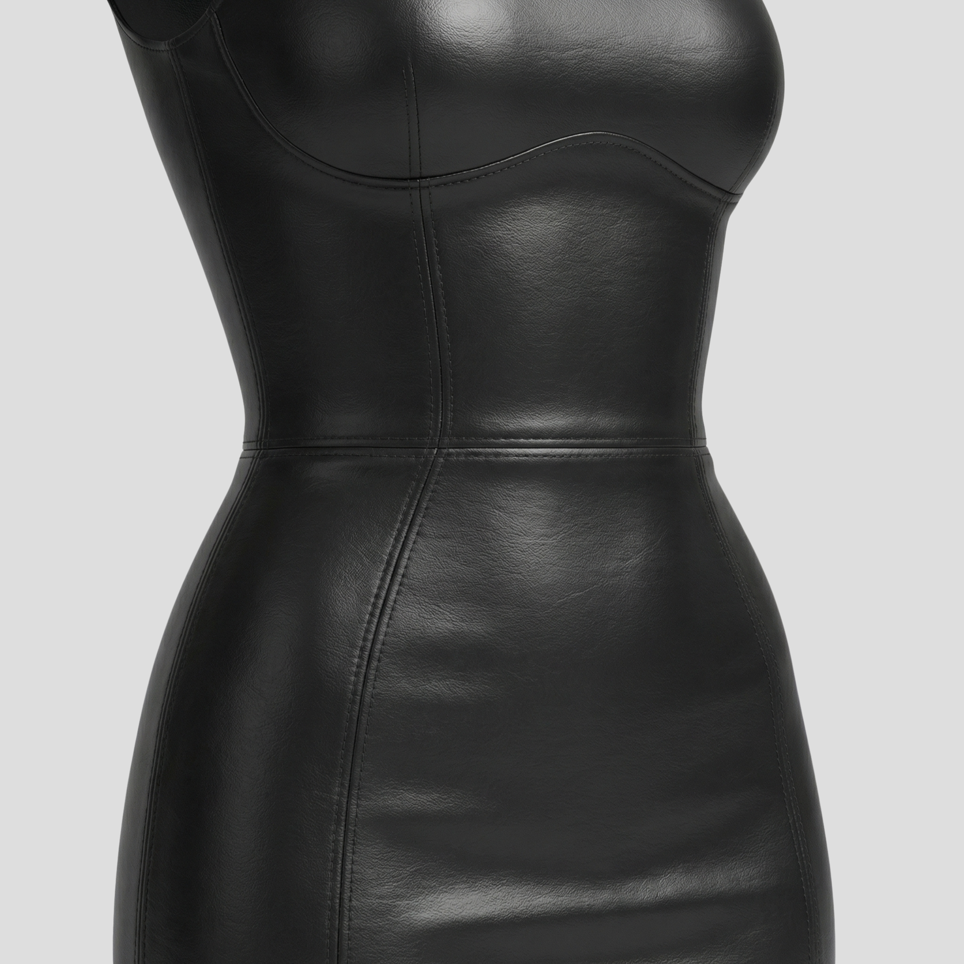 Black sleeveless mini dress with crew neck and panel detailing for evening wear