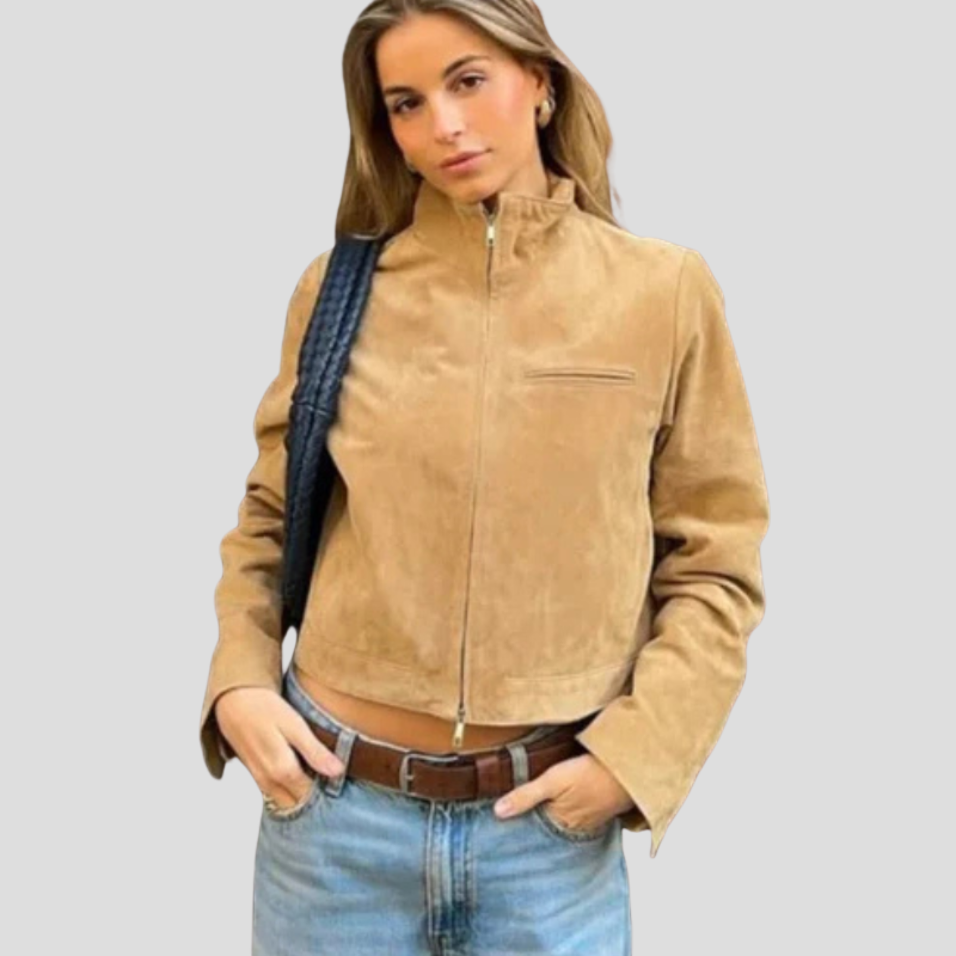 Beige cropped women's jacket with stand collar for everyday wear