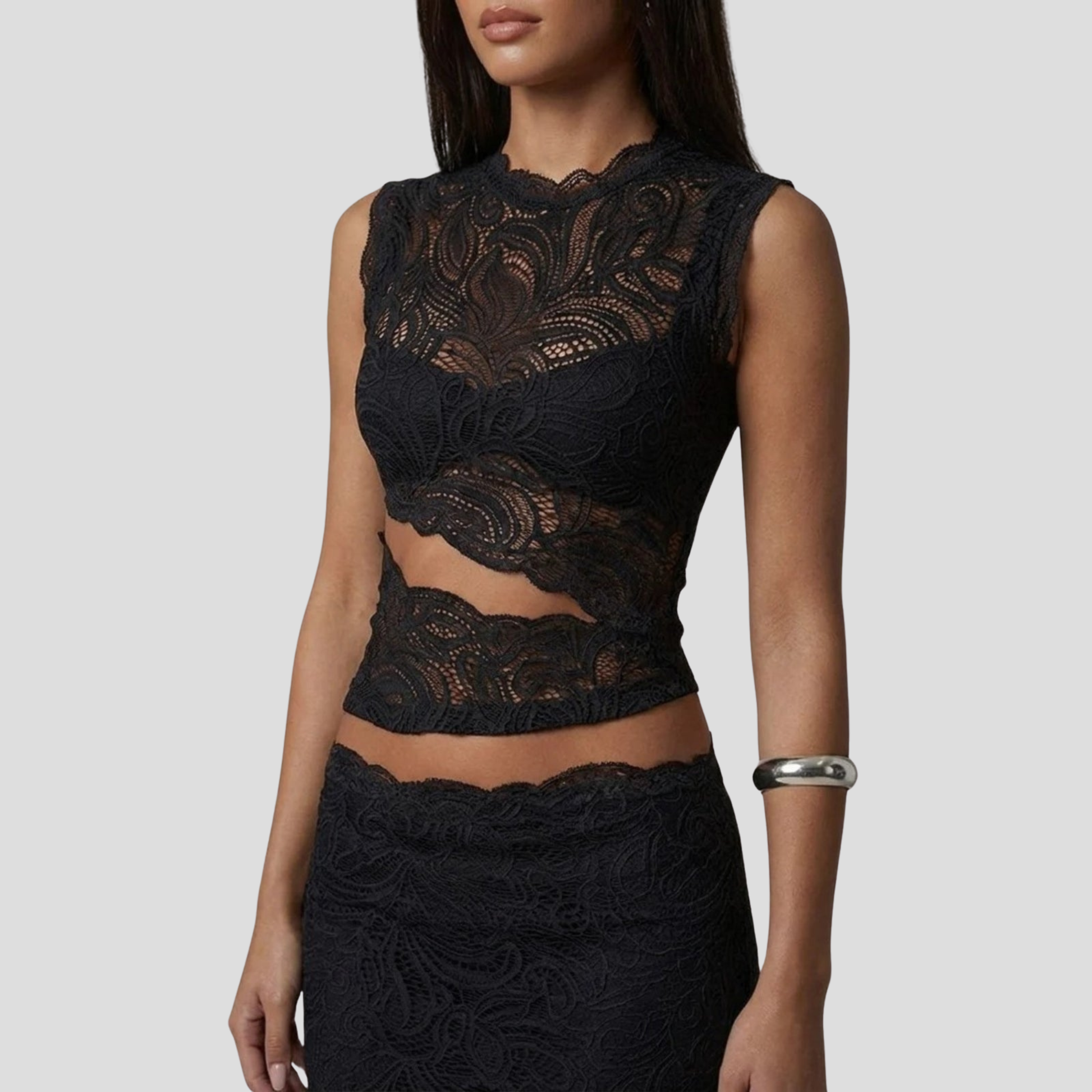 Women's two-piece maxi set with sleeveless cropped top and high-waist skirt in black and red