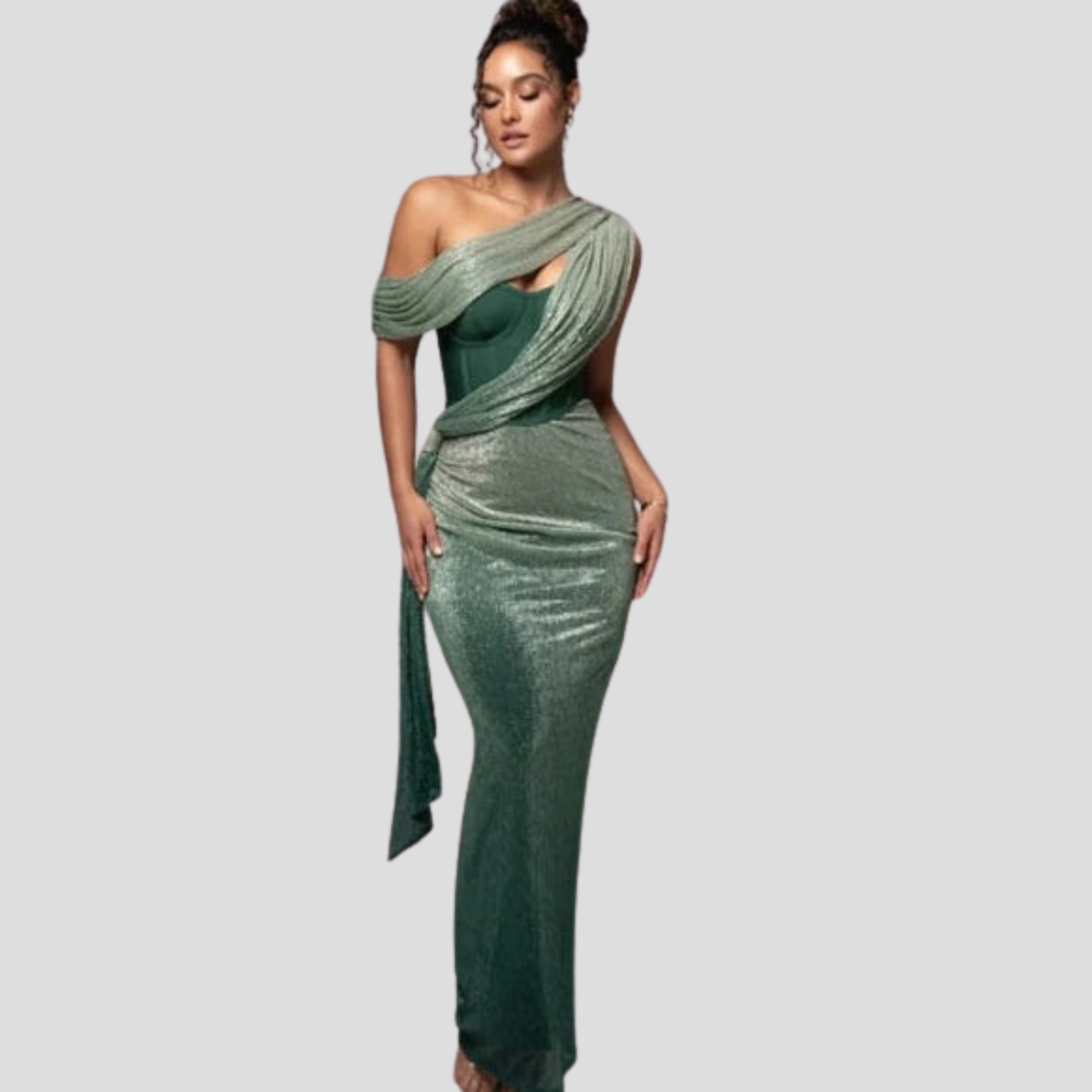 Woman wearing a one-shoulder draped floor-length maxi evening dress