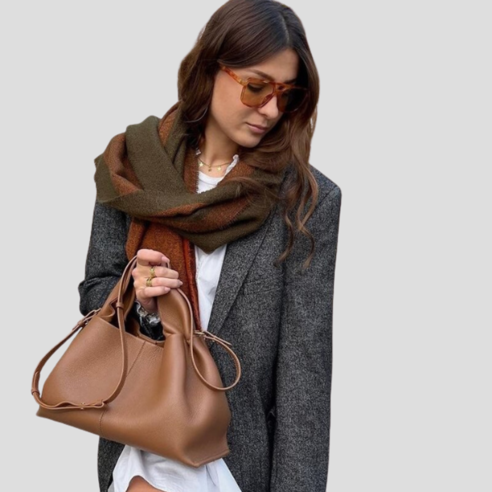 Structured tote bag with top handle, shown in black, beige, brown, and white