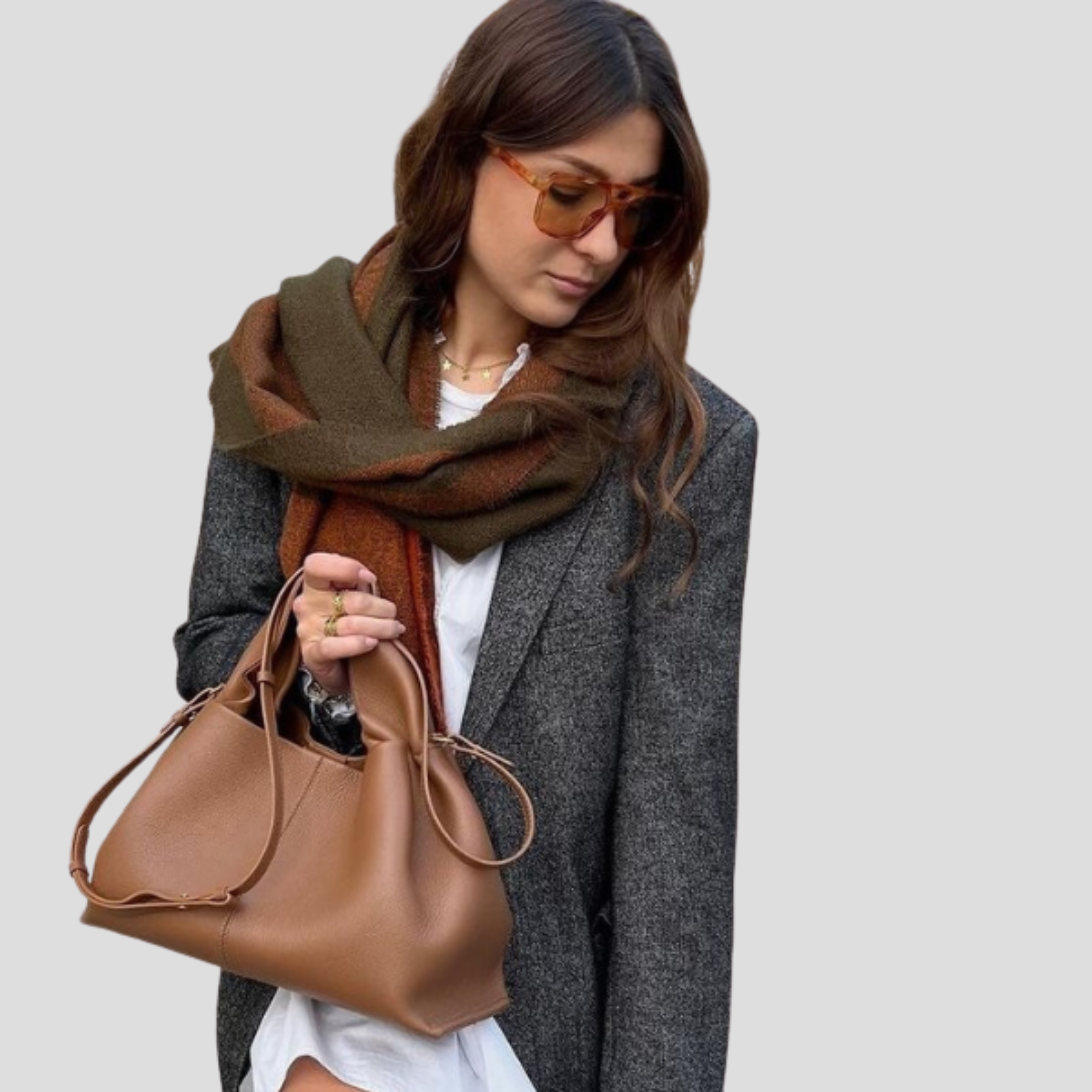 Structured tote bag with top handle, shown in black, beige, brown, and white