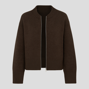 Women's zip-front relaxed cardigan shown in brown, beige and grey