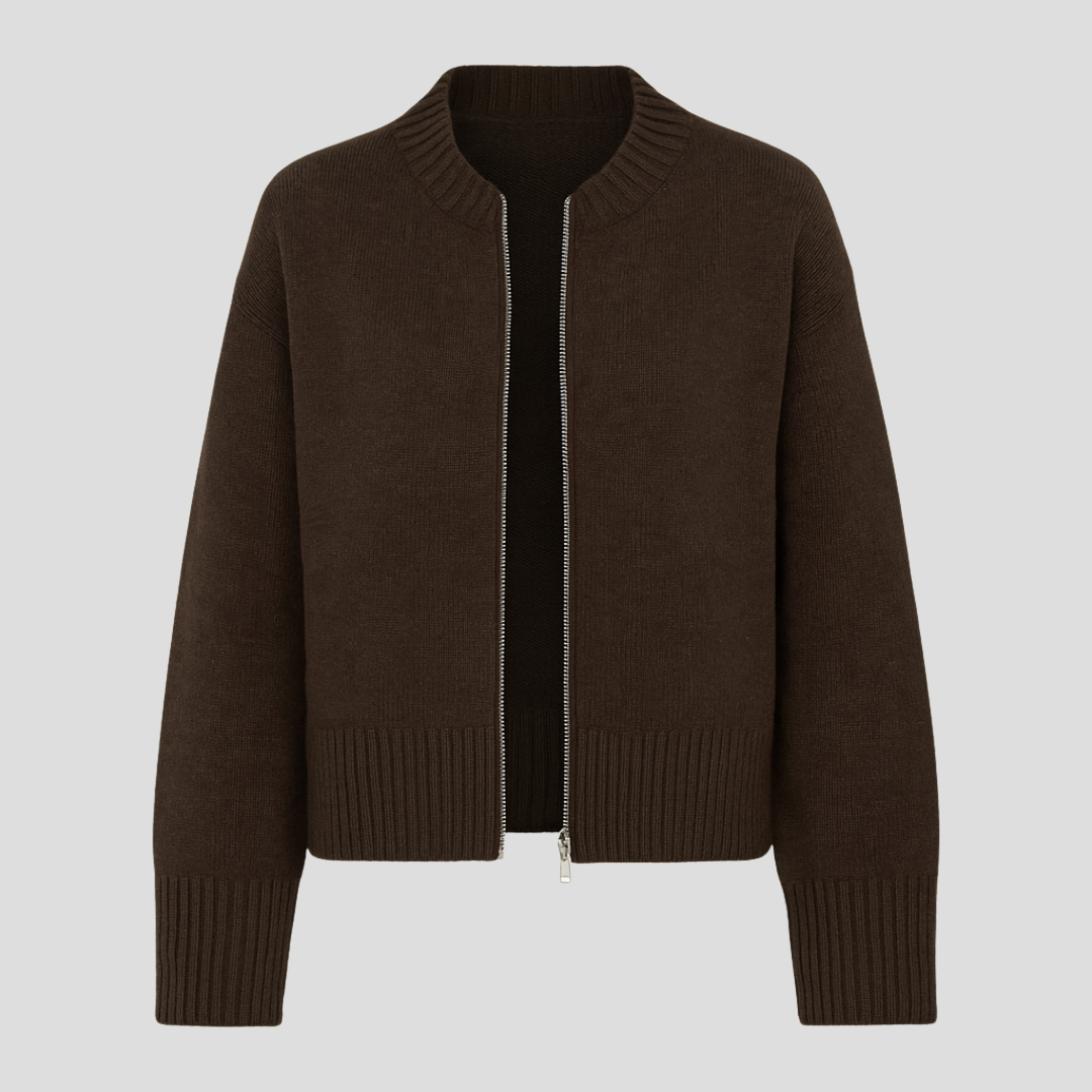 Women's zip-front relaxed cardigan shown in brown, beige and grey