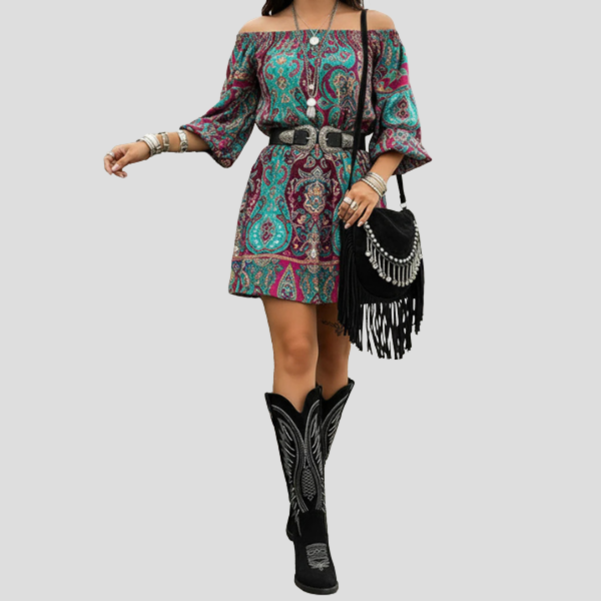 Women's Western-style embroidered pointed-toe boots with block heel