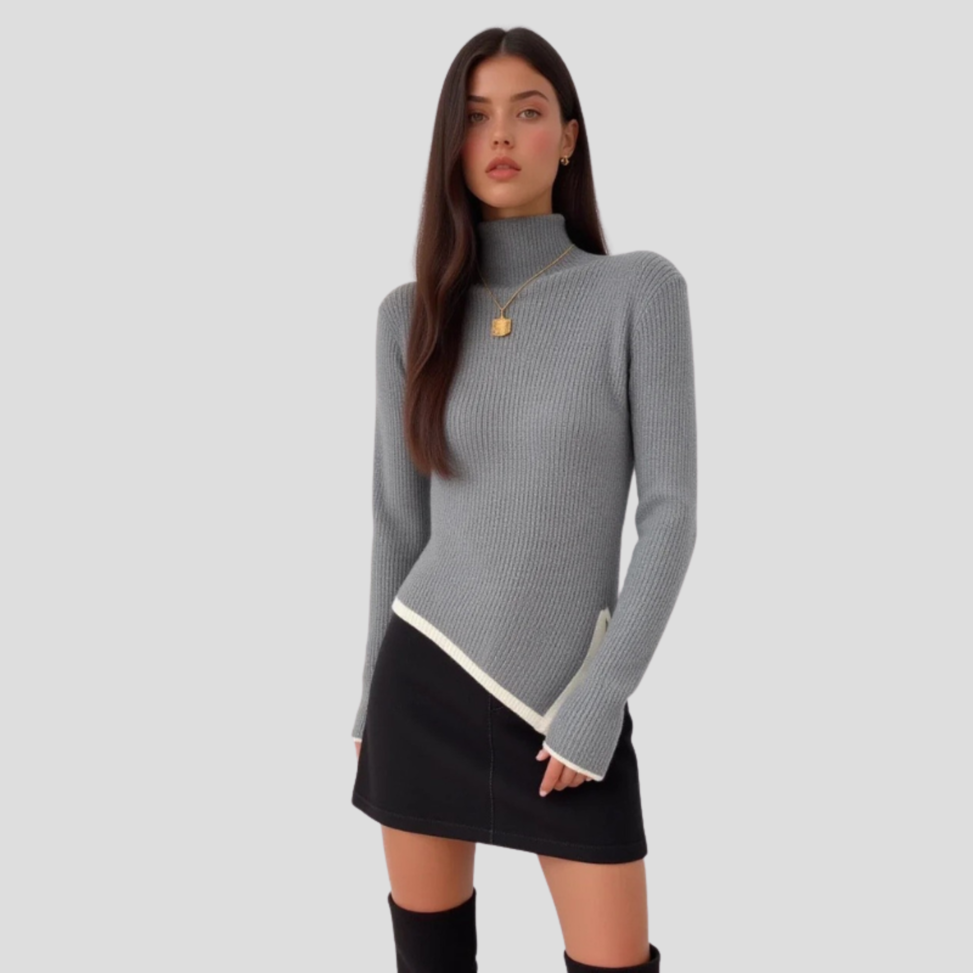 Grey high-neck ribbed knit pullover sweater for women