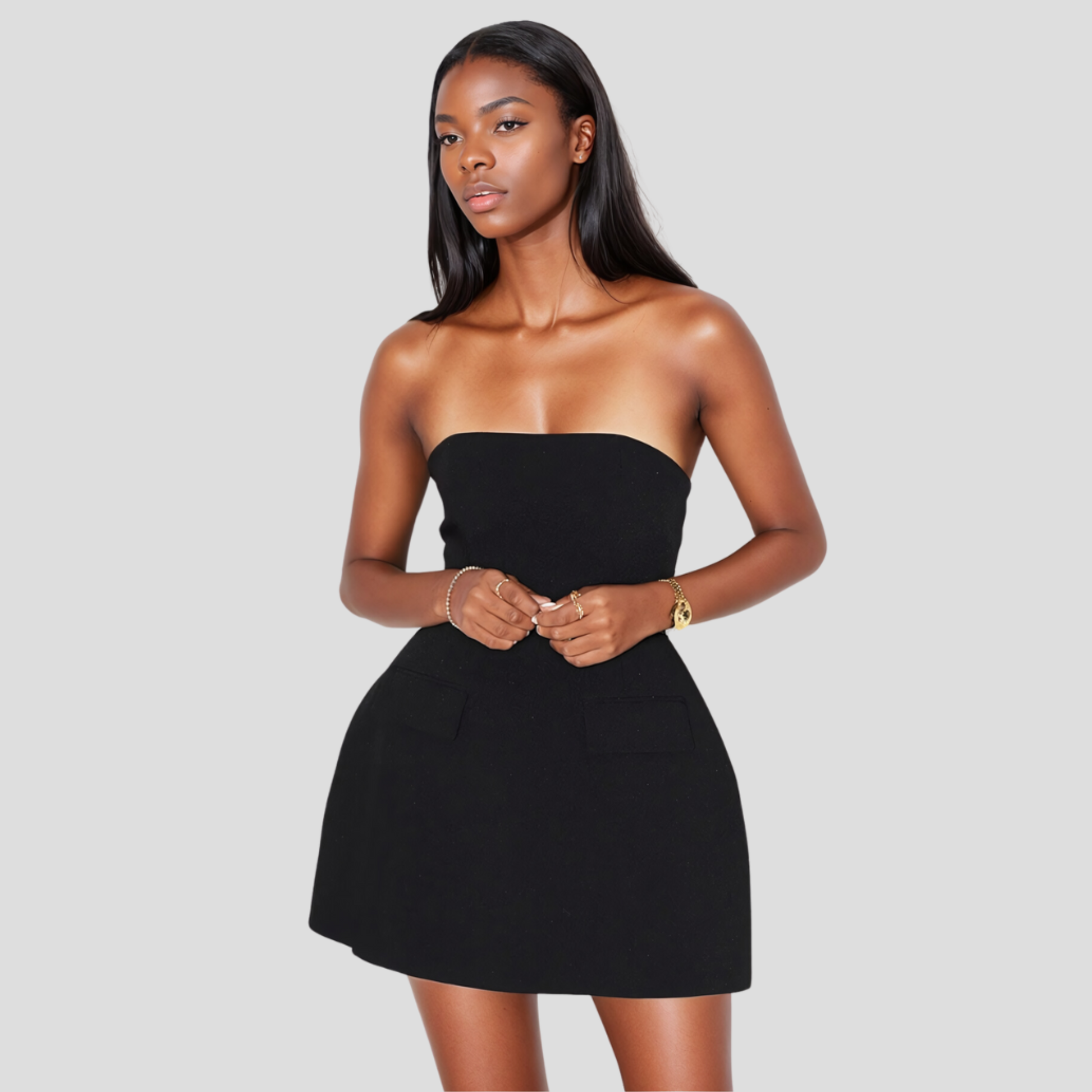 Strapless mini dress with structured bodice and flared skirt in black and white